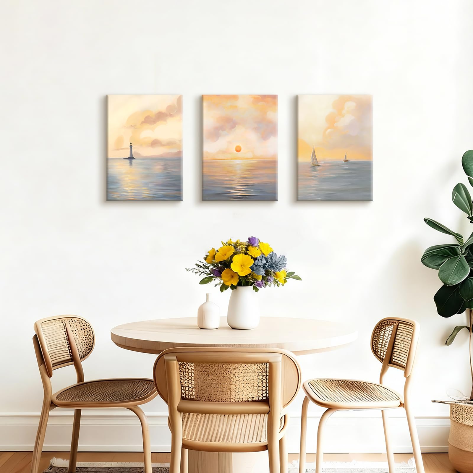 WENGTIAO 3 Pezzi Stampa su Tela Oceano Alba Incorniciato, Quadro su Tela Faro Barca a Vela in Mare Paesaggi Murali Pittura per Quadri Moderni Soggiorno Camera da Letto Decorazioni Parete 30x40cmx3