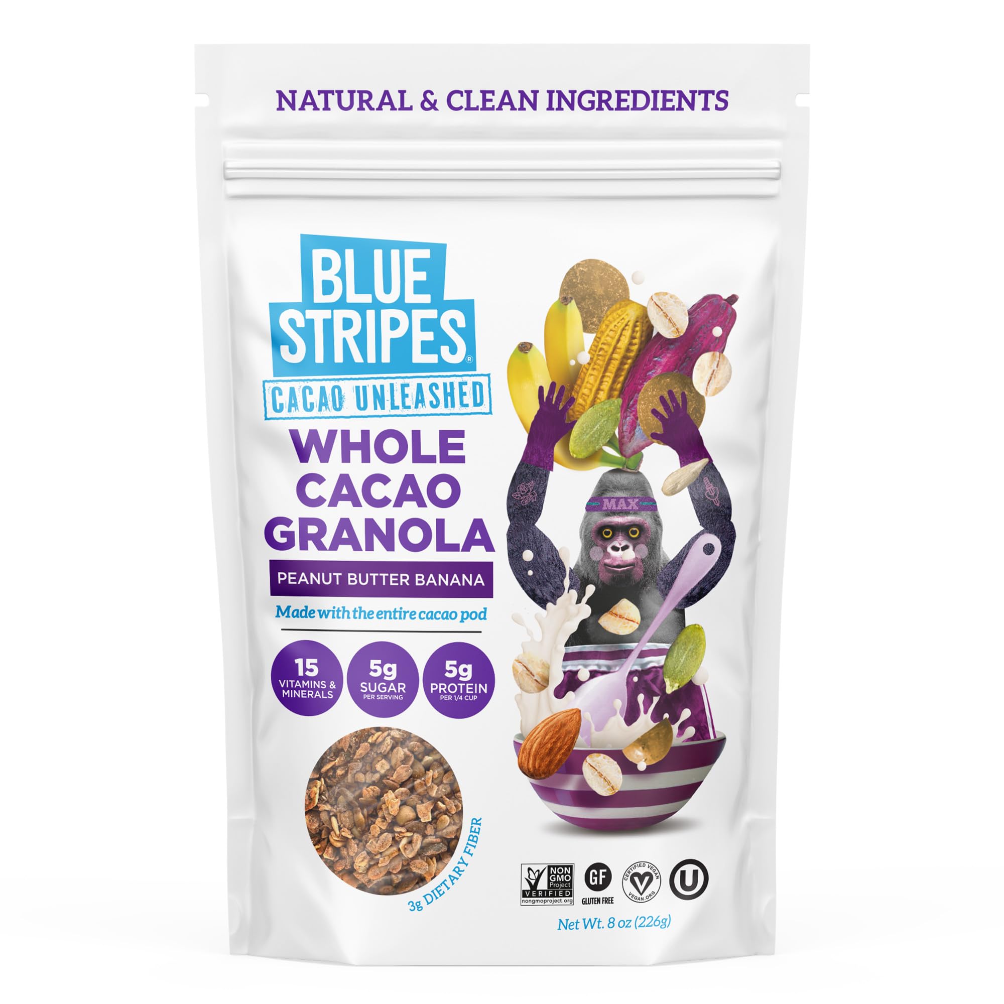 Blue Stripes Whole Cacao Granola - Gluten Free Dark Chocolate Granola for Cereal, Oatmeal, Yogurt, 5g Protein Per Serving, Source of Fiber, Vegan, Low Sugar - Peanut Butter Banana, 8 oz