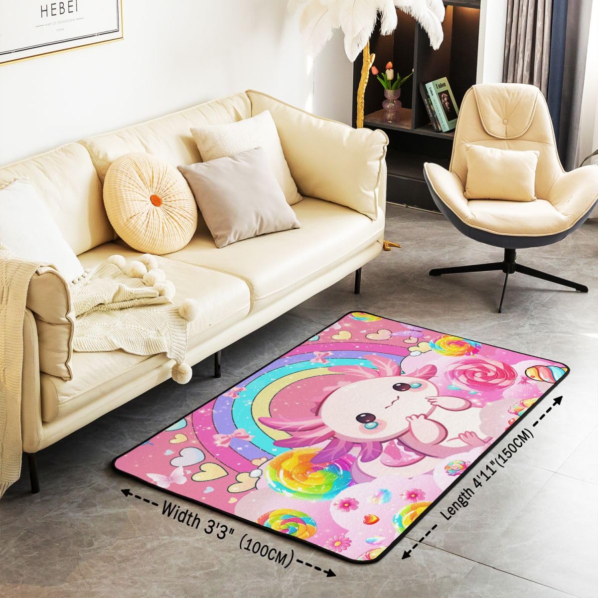 Ładny dywan do salonu, 100 x 150 cm, kawaii, motyw salamandry, różowy, do sypialni, dla dzieci, nastolatków, tęcza, lizaki kwiatowe, słodycze, do wnętrz, mata do dekoracji domu