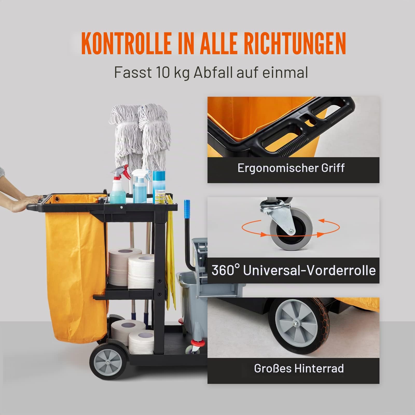 VEVOR Reinigungswagen Putzwagen 3 Fächer 90,7 kg Tragfähigkeit Schwarz PP inkl. PVC-Müllsack & Handschuhe