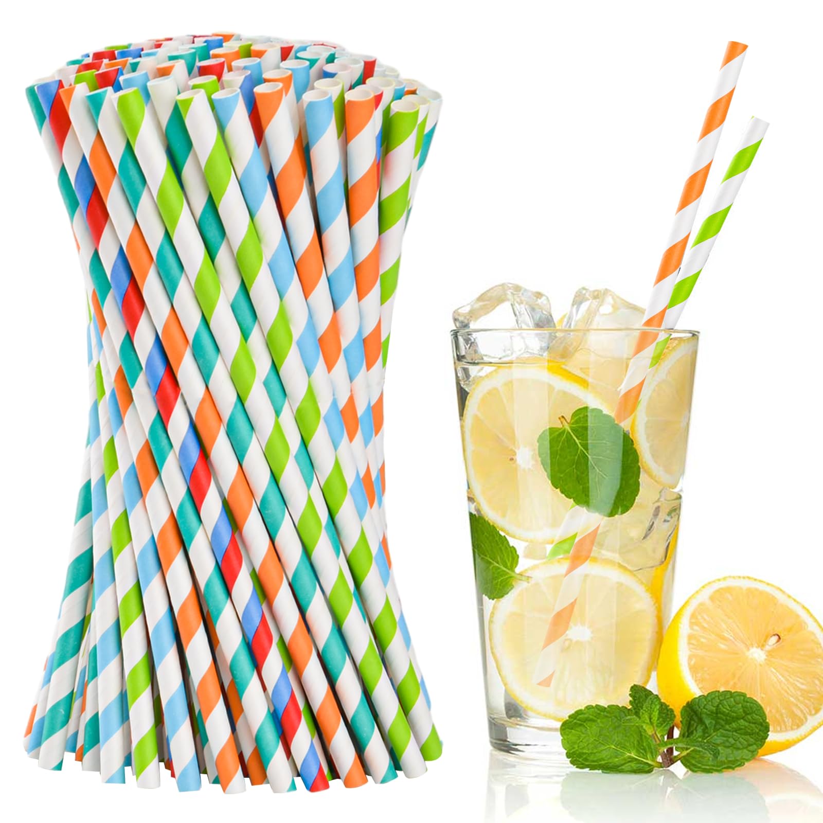 100 Pack Striped Paper Drinking Straws, Biodegradable Durable & Eco-Friendly For Coffee Cold Drinks, Green, White And White