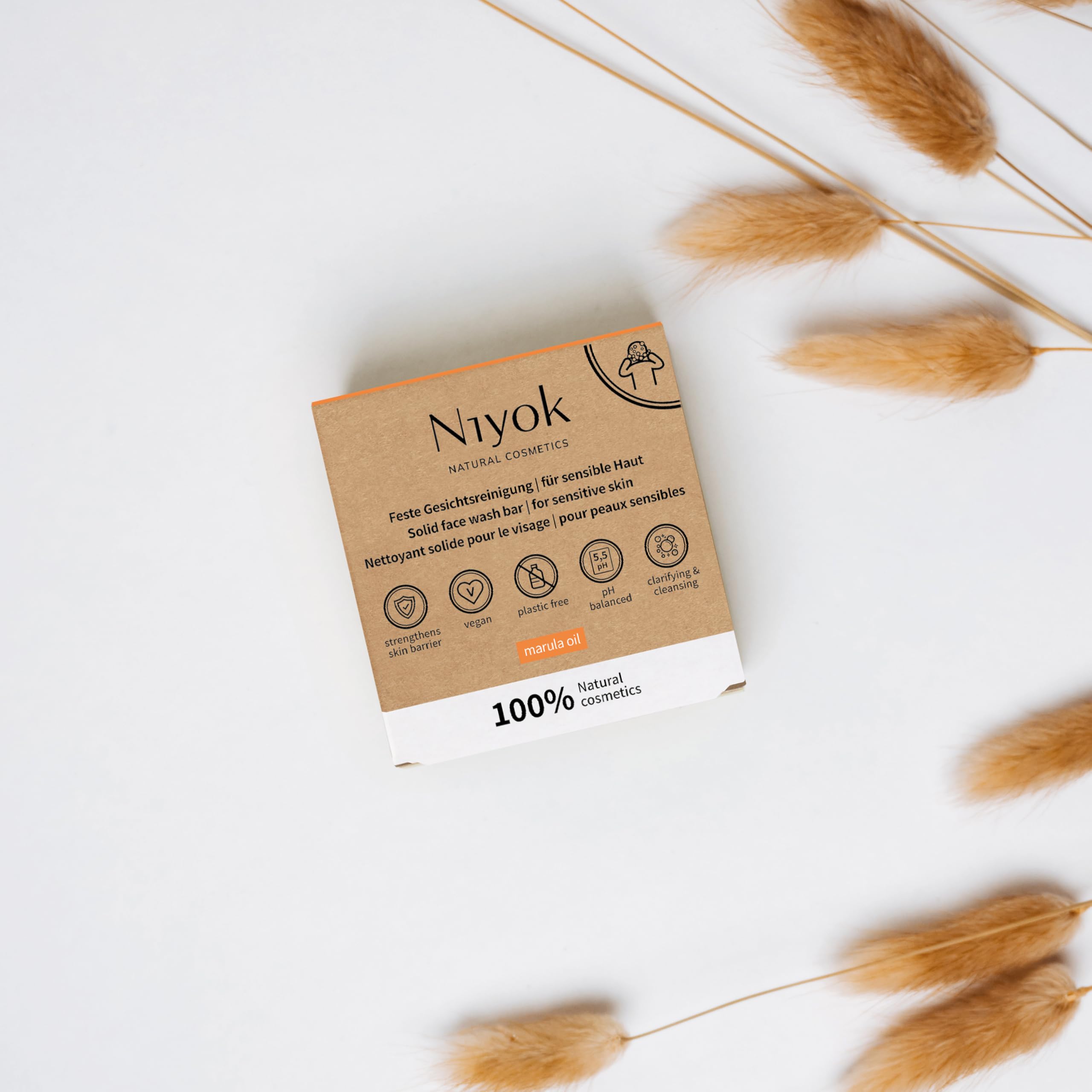 Niyok® Stałe oczyszczanie twarzy "olejek marula" (80 g) • mydło do twarzy do skóry wrażliwej i wrażliwej • wegańskie mydło stałe • pielęgnacja twarzy wegańska • naturalne kosmetyki organiczne • mydło