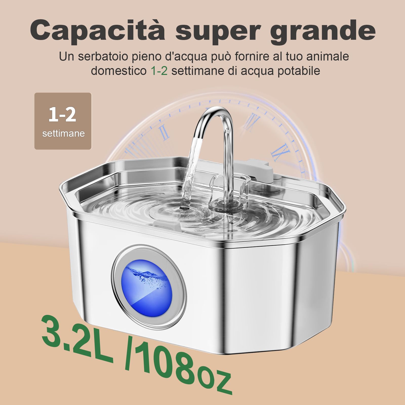Fontanella per gatti,Apauk 3.2L fontanella per gatti acciaio Inox, Ultra silenziosa,con finestra LED, sistema di filtraggio multistrato (con 6 filtri & 6 spugne S)