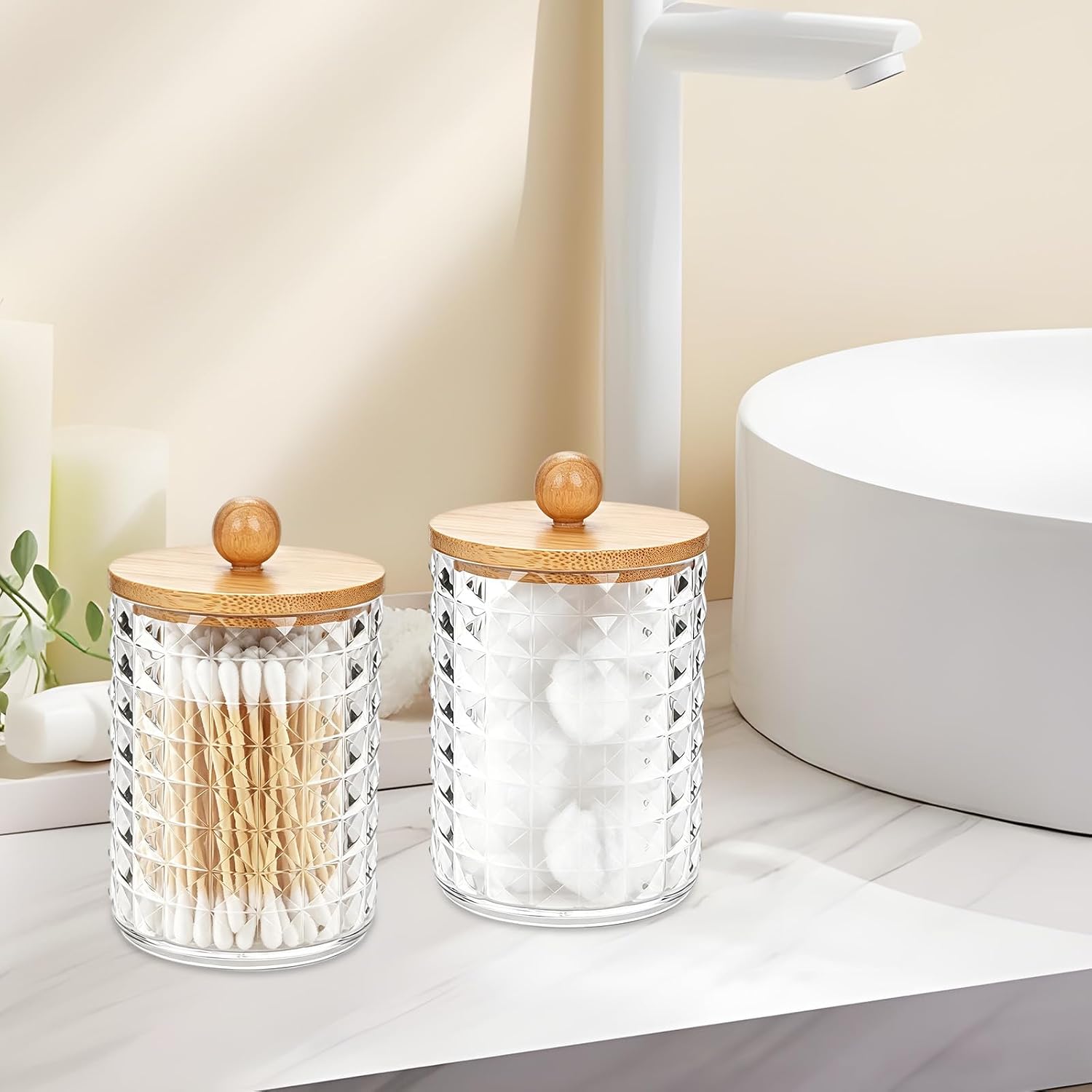 Clear Acrylic Qtip Holder Dispenser 2 Pack,Shatterproof Apothecary Jars,Cotton Pad Holder, Bathroom Storage Containers with Lids,Vanity Canister Organizer for Cotton Swabs Balls Floss Picks (round E)