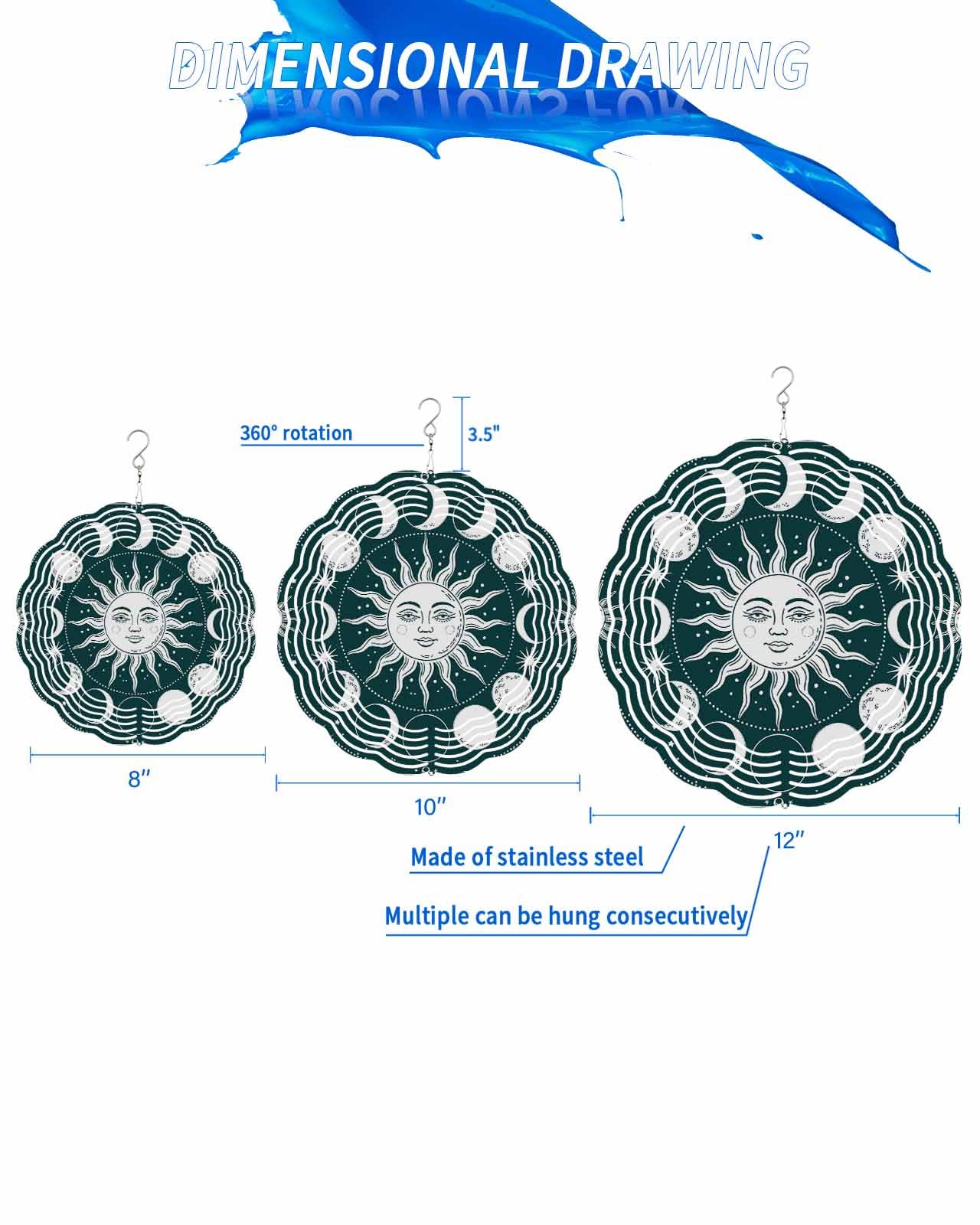 Abstract Wind Spinners, Sun Moon Starry Night Hanging Wind Spinners for Yard and Garden 3D Stainless Steel Metal Sculptures Crafts Ornaments 12 Inch