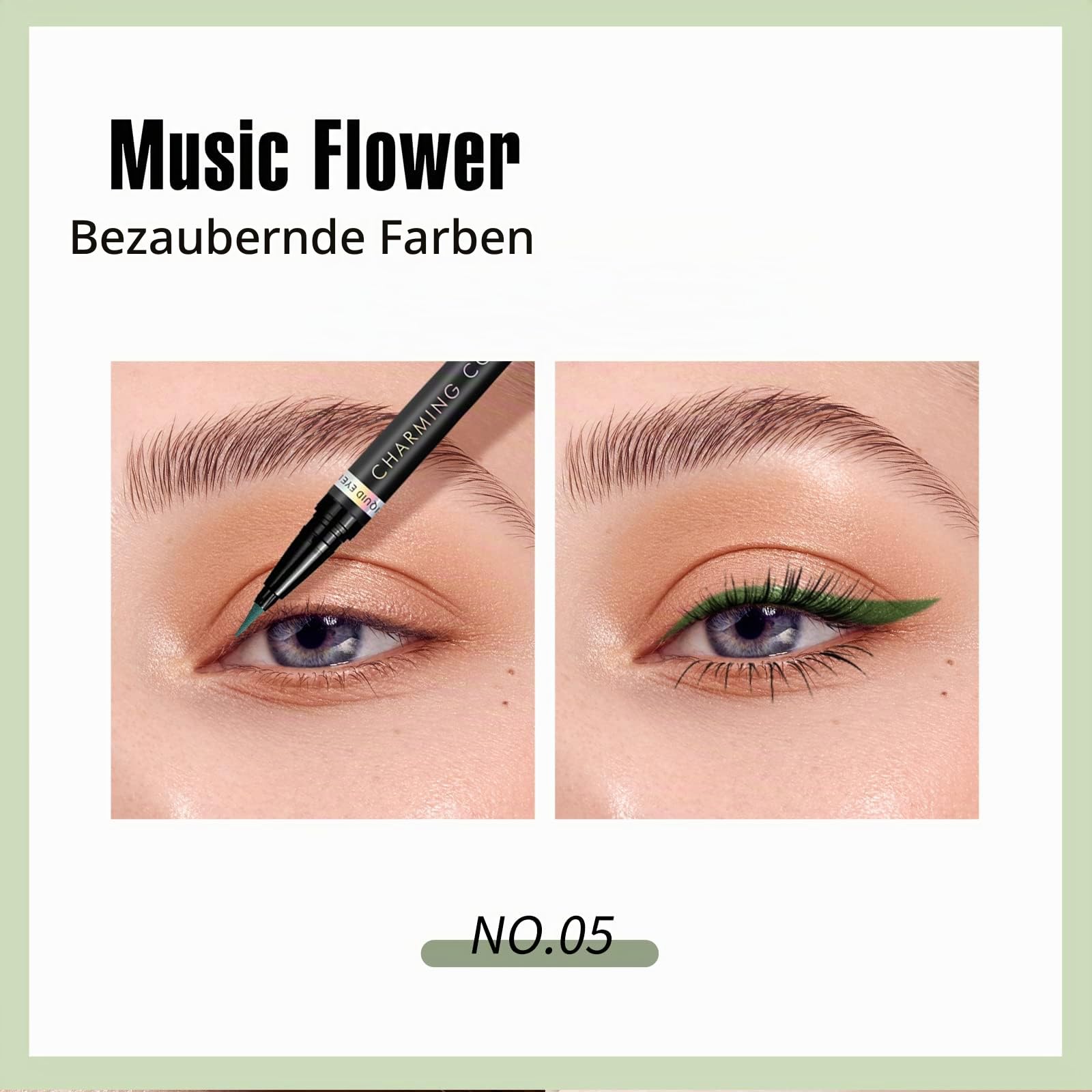 Music Flower Flüssiger Eyeliner, Wasserfester und Wischfester Flüssiger Eyeliner-Stift, Mehrere Farboptionen, Flexibler Stift für Einfache Kontrolle, Grüne