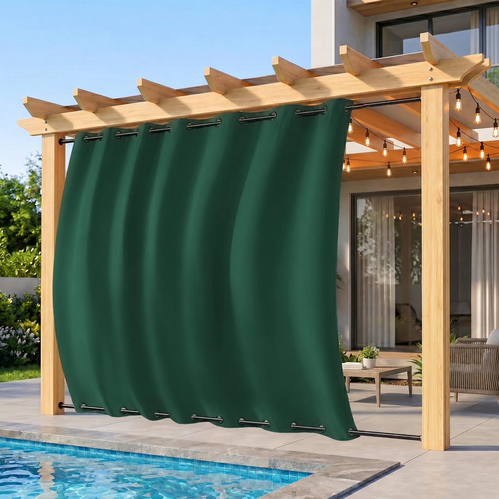 Rosnek Outdoor Curtain Waterproof, Windproof Extra Large Patio, Blackout Garden Gazebo Curtain with Top & Bottom Eyelets for Pergola, Porch & Balcony, 1 Panel, 100" W x 84" L, Green