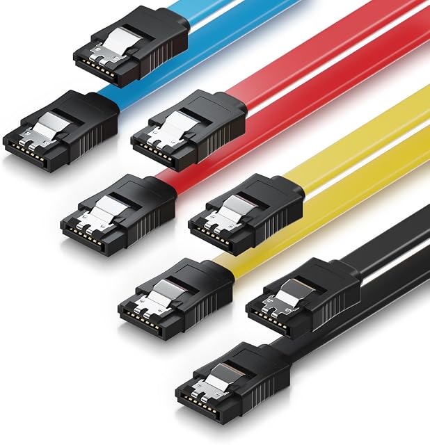 deleyCON 4x 50cm (19.69 Inch) S-ATA 3 Cable SATA 3 HDD SSD Data Cable 6 GBit/s 2x Straight - Yellow Red Blue Black