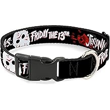 Warner Bros. Horror Movies Pet Collar, Dog Collar Plastic Buckle, Friday The 13th Jason Lives Hand Print and Mask Black Red, 11 to 16.5 Inches 1.0 Inch Wide