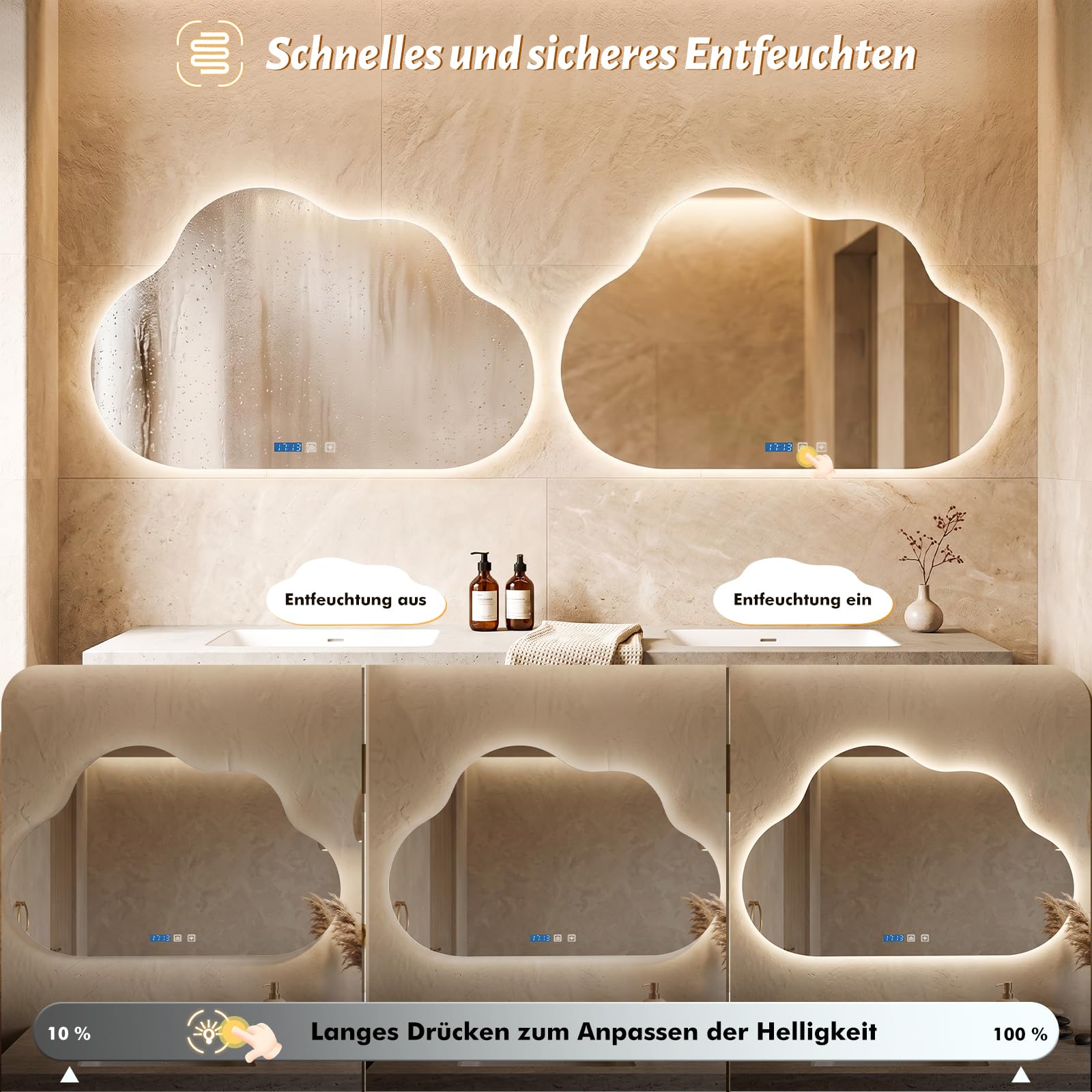 Badspiegel mit Beleuchtung, 60x80cm LED Badezimmerspiegel mit Beleuchtung, Intelligenter Spiegel mit dimmbarer Farbtemperatur, Echtzeit Zeitanzeige & Temperatur, IP44 Beschlagfrei, Wandmontage
