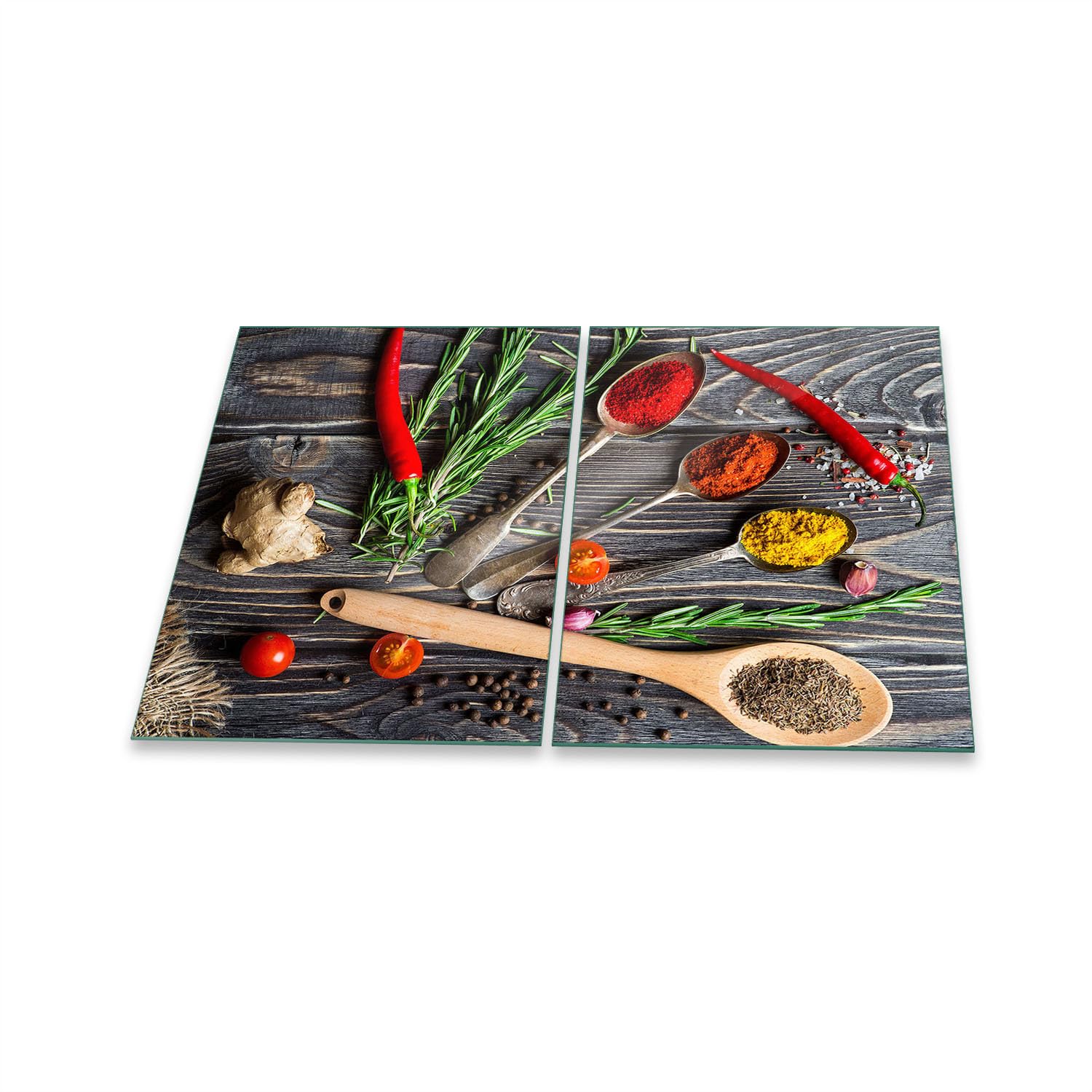 Herdabdeckplatte Abdeckung Ceranfeld Abdeckplatte Schneidebrett 2-Teilig 80x52 Gewürze Mehrfarbig Spritzschutz Glasplatte Ceranfeldabdeckung Schutz Herdschutz Sicherheitsglas Glasschneidebrett 2x40x52