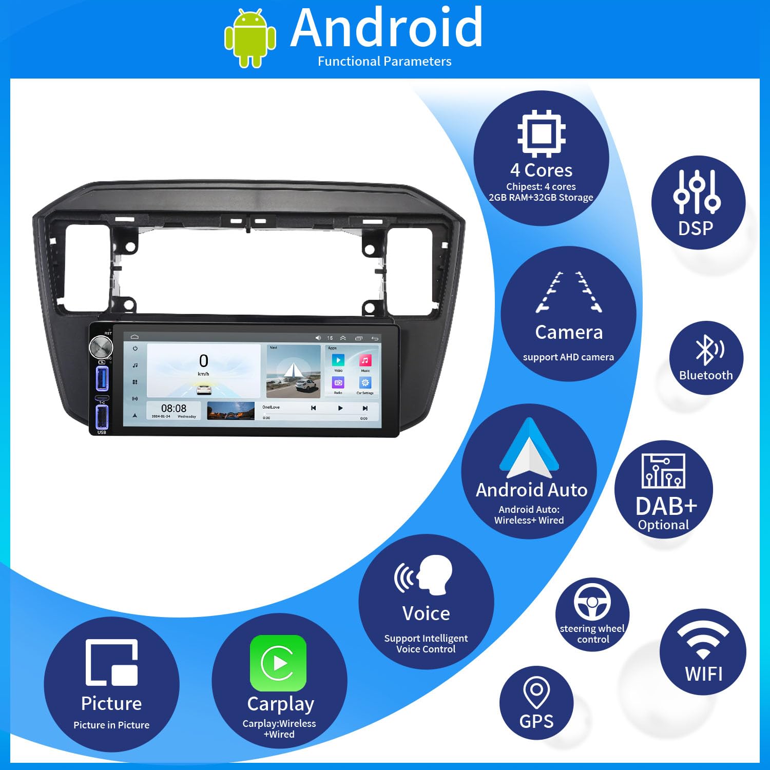 Navigatore Android Auto GPS Radio Navigator Carplay Fit for VW UP! e-up! e-Load Up 121 122 123 BL1 BL2 BL3/Skoda citigo E-Citigo/Seat MII E-MII KE KF/Seat lbiza DSP BT Pip DVR SWC DAB+Auto Fotocamera