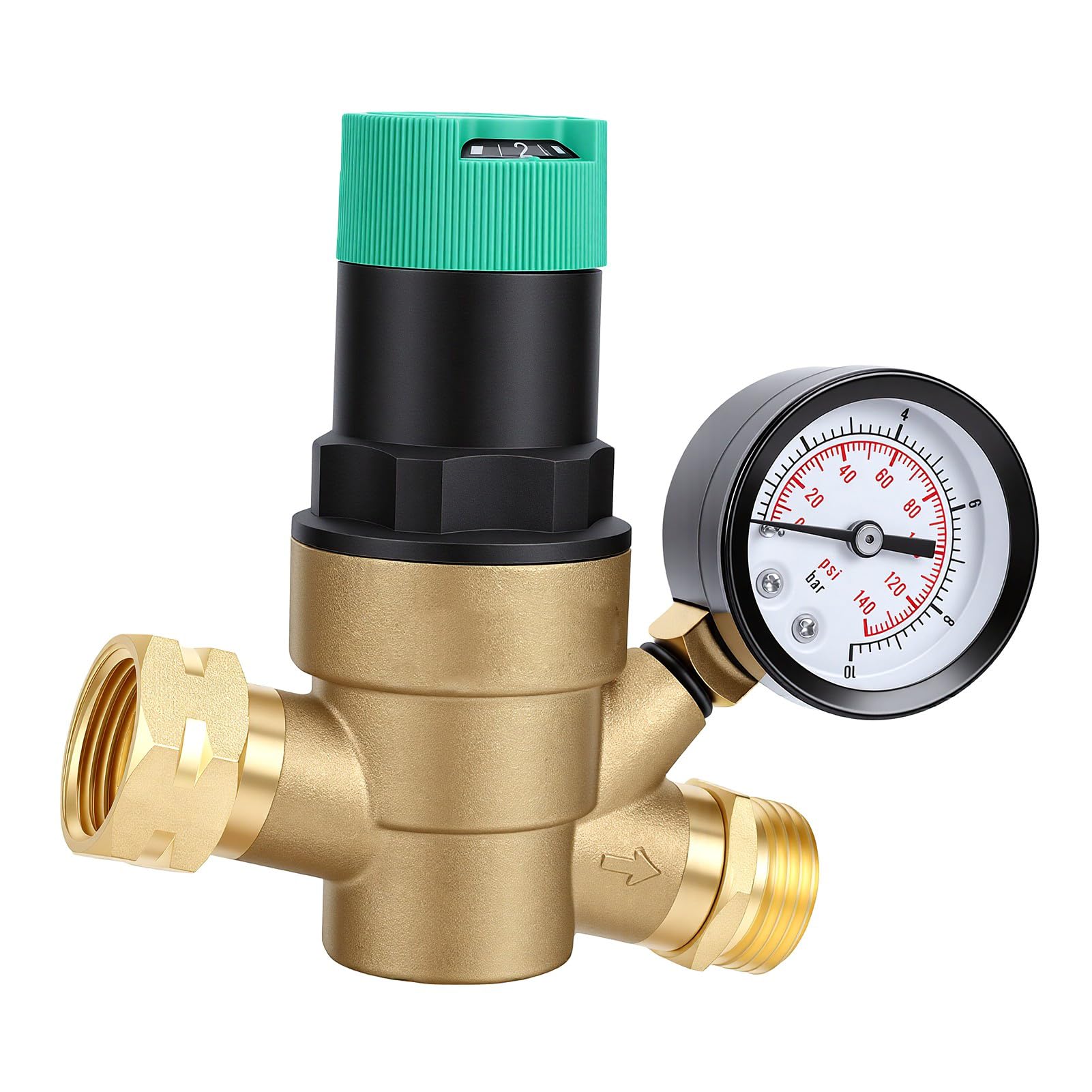 aqxreight Regulator Ciśnienia Wody RV Mosiężny z regulacją, z Manometrem | Mosiężny materiał Spożywczy, Manometr, Filtr Siatkowy, Reduktor Ciśnienia Wody RV, Gwint 3/4 Cala, Pasuje do Węża