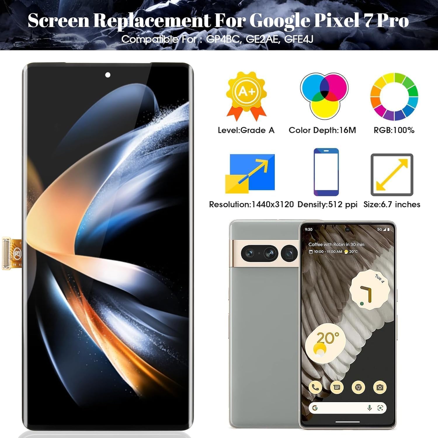OLED para Google Pixel 7 Pro 5G, digitalizador LCD para Google Pixel 7 Pro, pantalla para Google Pixel 7 Pro GP4BC, GE2AE, GFE4J, reemplazo de montaje de pantalla táctil (con marco, negro)