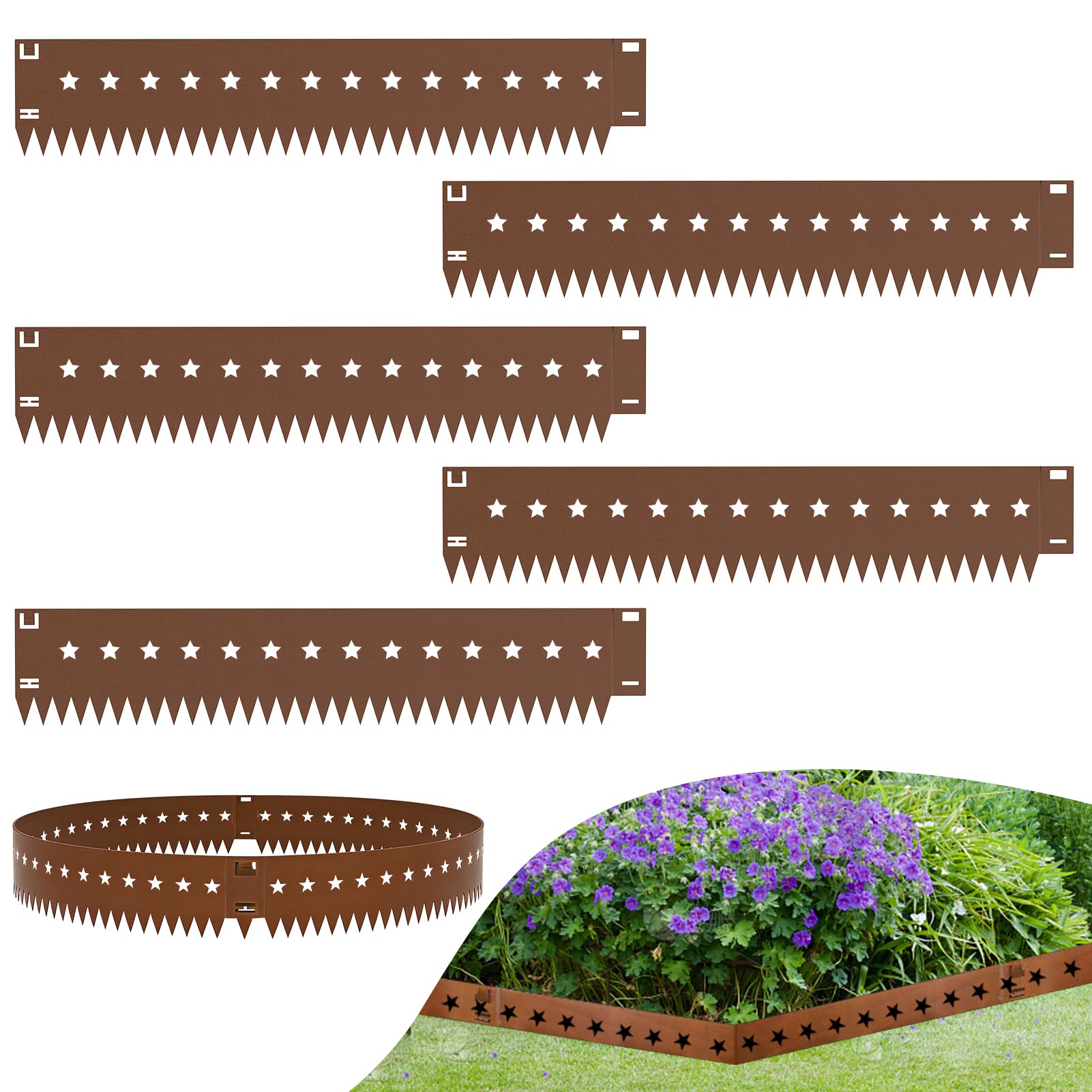 wowspeed Lawn Garden Edging Border 5PCS, Star Pattern Total 5.37m Metal Lawn Edging, 15cm Face Height Flexible Decorative Steel Edgings, Garden Landscape Pathway Borders Strip, Single Size:107.5*15cm