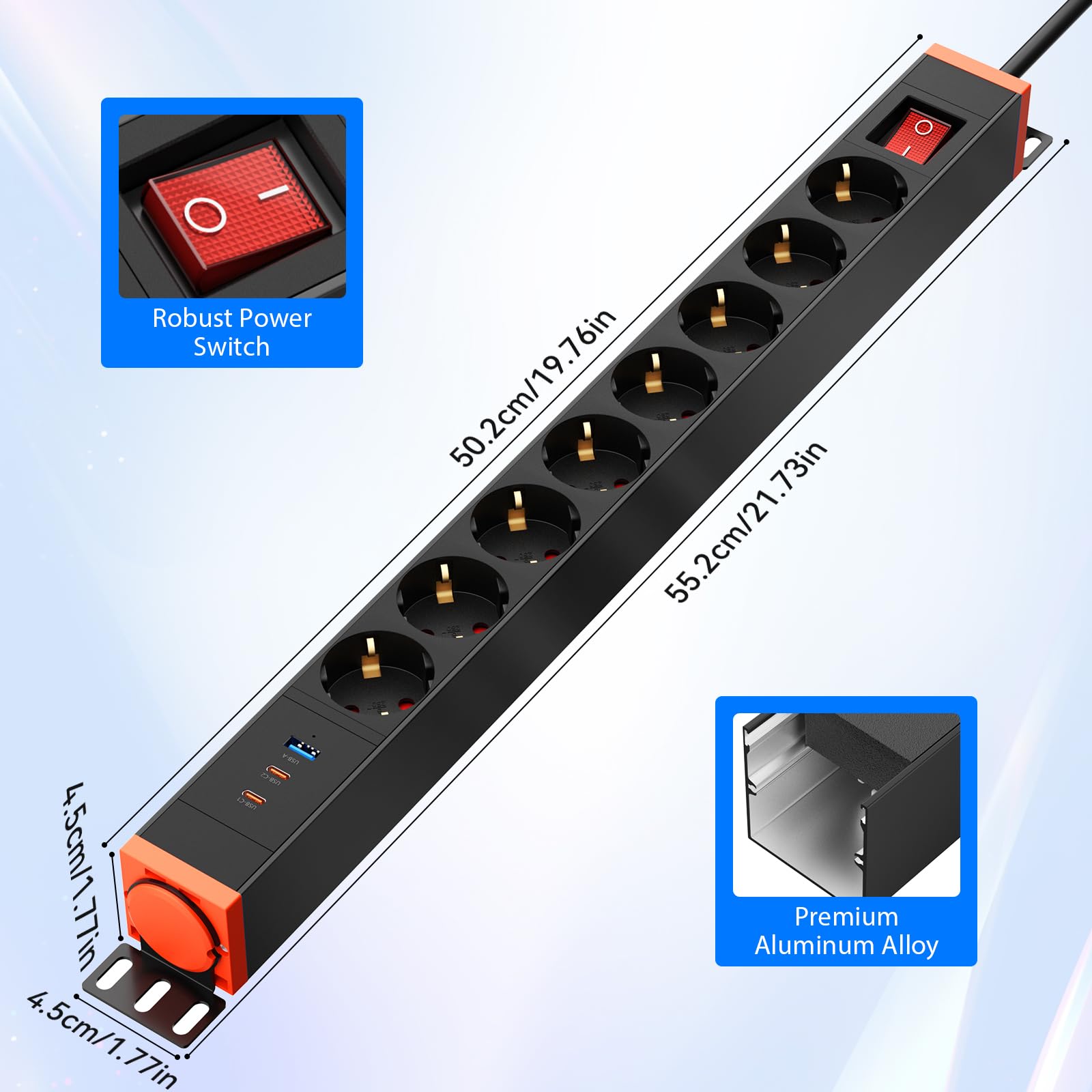 Regleta 8 Tomas con protección contra sobretensiones y USB-C PD 30W | Soporte 360°, 16A/4000W, USB-C2 15W, USB-A 15W, cable 1,8 m, pared, escritorio y bajo mesa