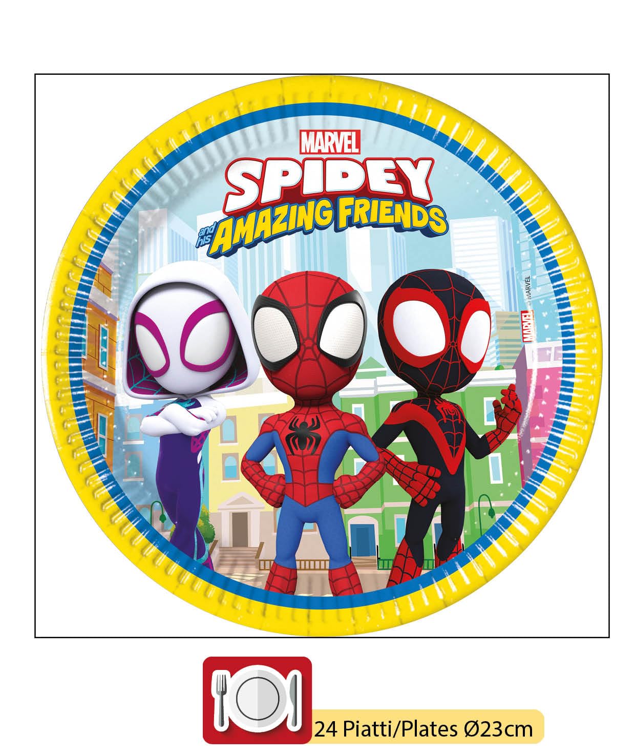 Kit Party Tavola Marvel Spider-Man Spidey and His Amazing Friends per 24 persone (88 pezzi: 24 piatti Ø23cm, 24 bicchieri 200ml, 40 tovaglioli 33x33cm)