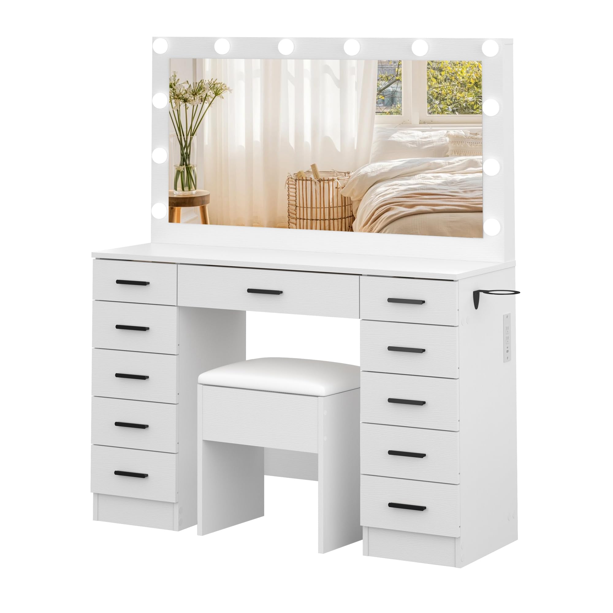 Panana Makeup Table Set with 11 Drawers, Vanity Desk with Large Mirror and Lights, Dressing Table with Storage Cushioned Stool, Power Outlet, 3 Lighting Modes for Bedroom Dressing Room (White)