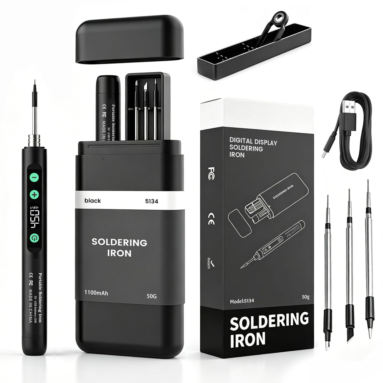 Soldador Estaño, Soldador Estaño Inalambrico con 3 Puntas de Soldadura, Temperatura Ajustable de 180℃-450℃, Soldering Iron USB-C con Pantalla LED para Reparación de Electrónica, Proyectos de Bricolaje