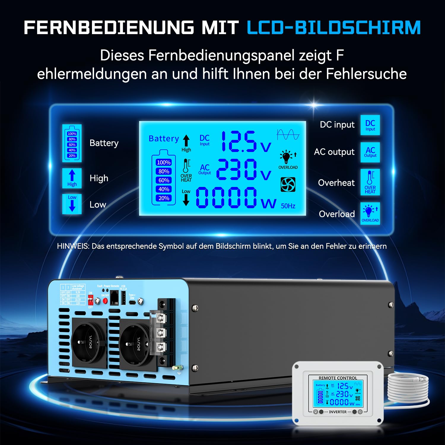 OLTEANP 3500W/7000W Wechselrichter 12V auf 230V Reiner Sinus Spannungswandler Power Inverter mit 2 AC Steckdosen,Type-C&USB Anschlüsse,LCD-Bildschirm-Fernbedienung,Für Wohnmobil Wohnwagen