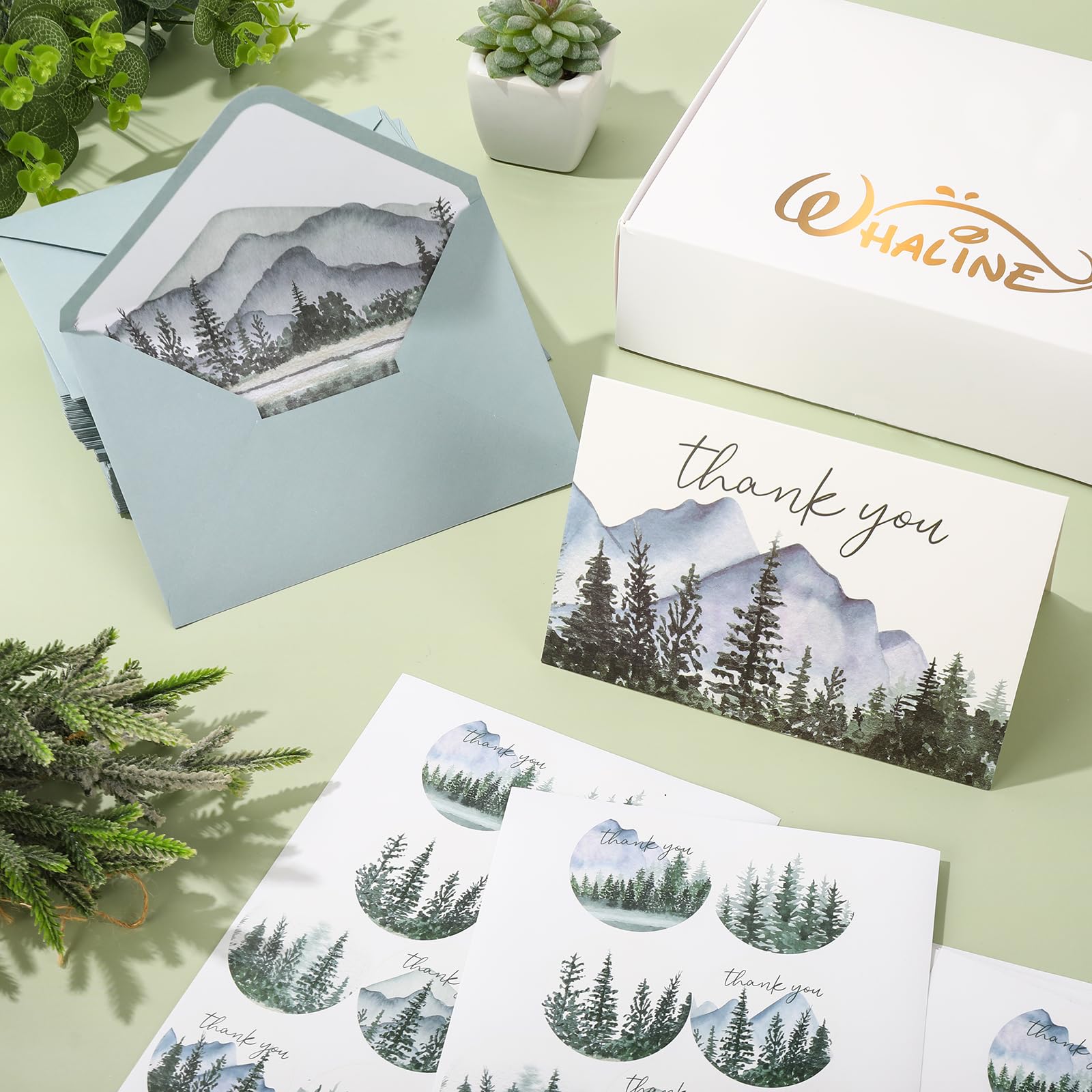 Whaline Lot de 100 cartes de remerciement à l'aquarelle avec enveloppes et autocollants, 10 motifs vierges pour invitations de fête, 10 x 15 cm