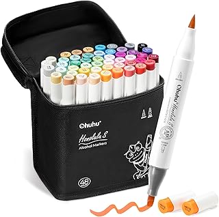 Ohuhu イラストマーカー 筆タイプ 筆・ソフトチゼル 48色49本セット マーカーペン アルコール系 ブレンダーペン付き Honolulu Sシリーズ
