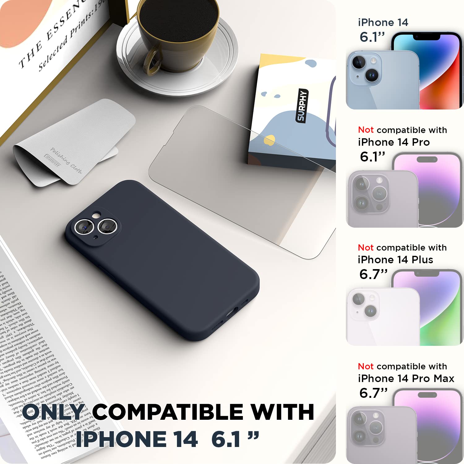 SURPHY Silicone Cover per iPhone 14 6.1 Pollici, con Vetro Temperato, Custodia Antiurto per iPhone 14, con Protezione per Ogni Lente Full Body Protettiva Case per iPhone 14 2022, Blu notte