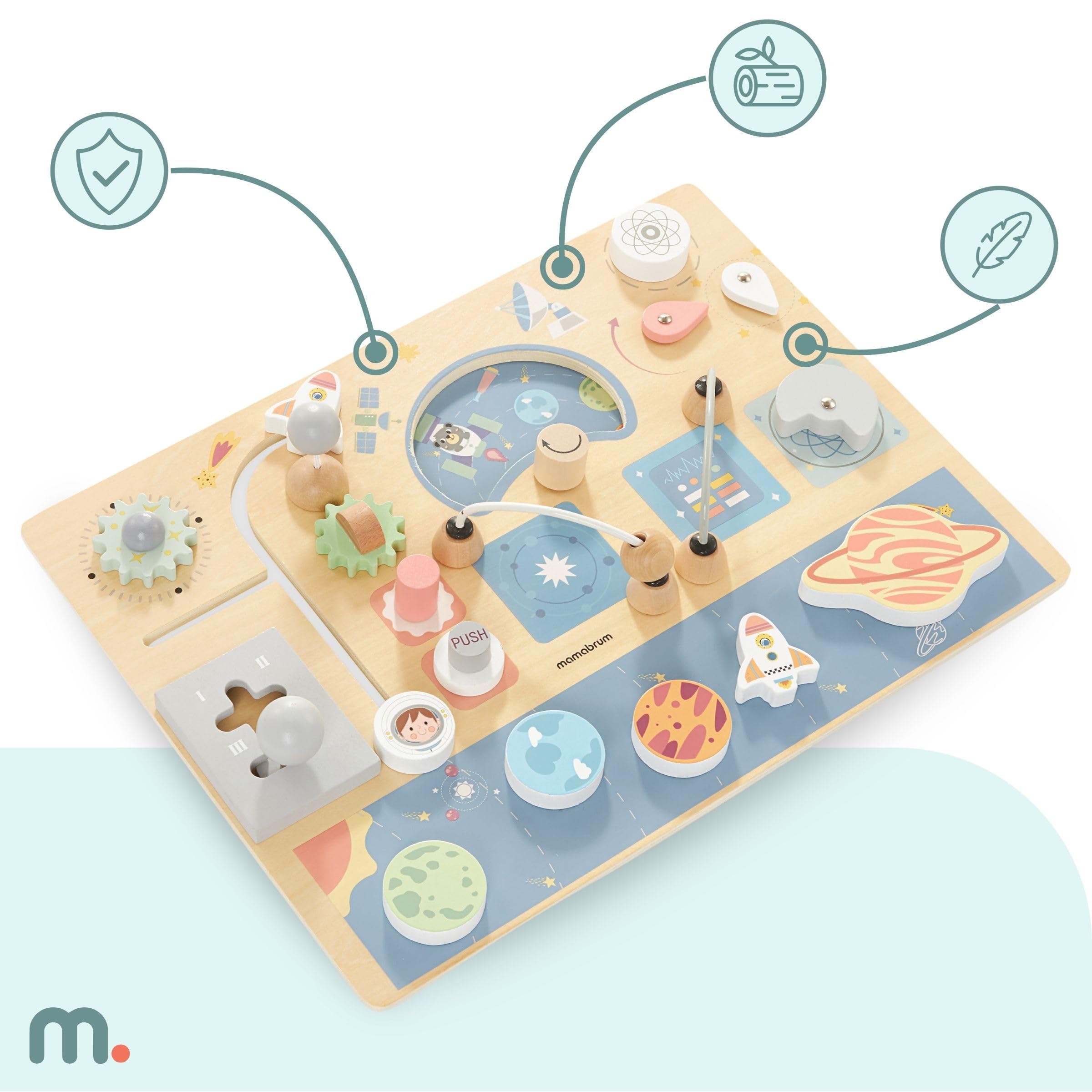 mamabrum Busy Board - Pannello Sensoriale Bambini Montessori in MDF 40 x 30 x 4 cm - Tema Spazio con Ruote, Pulsanti e Labirinto - Giocattolo Educativo per Bambini 18+ Mesi