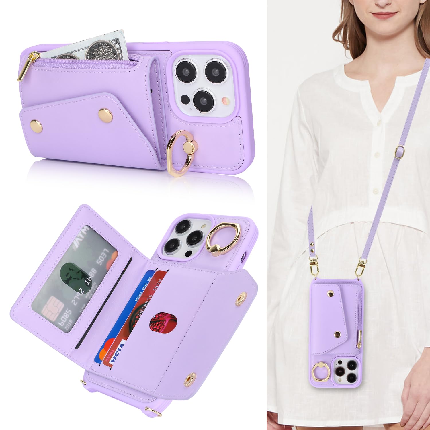 Lipvina for iPhone 15 Pro Max Case with Card Holder and Strap - Zipper Pocket,Crossbody Lanyard Strap,Credit Card Holder,Stand Ring,Cute Phone Wallet