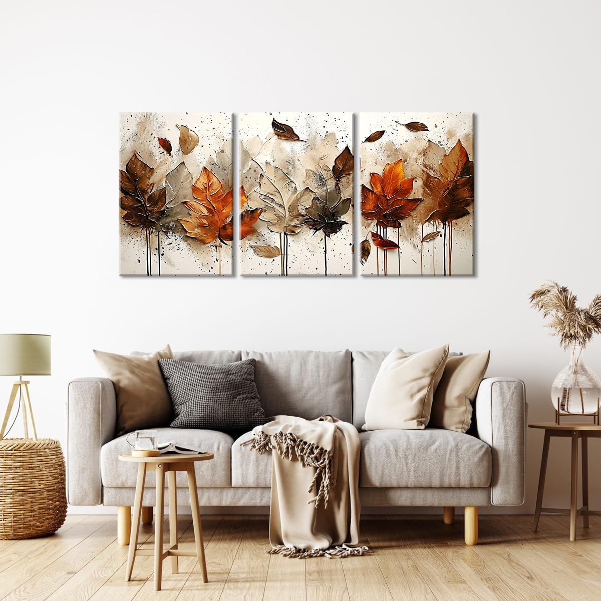 Piy Painting 3er Wandbilder Set, Leinwandbilder Mit Blättern, Vintage Kunstdrucke, Leinwand Bilder Natur, Bild Mit Rahmen, Dekorative Gemälde Für Wanddeko Schlafzimmer Wohnzimmer Flur Büro 58 x 40 cm