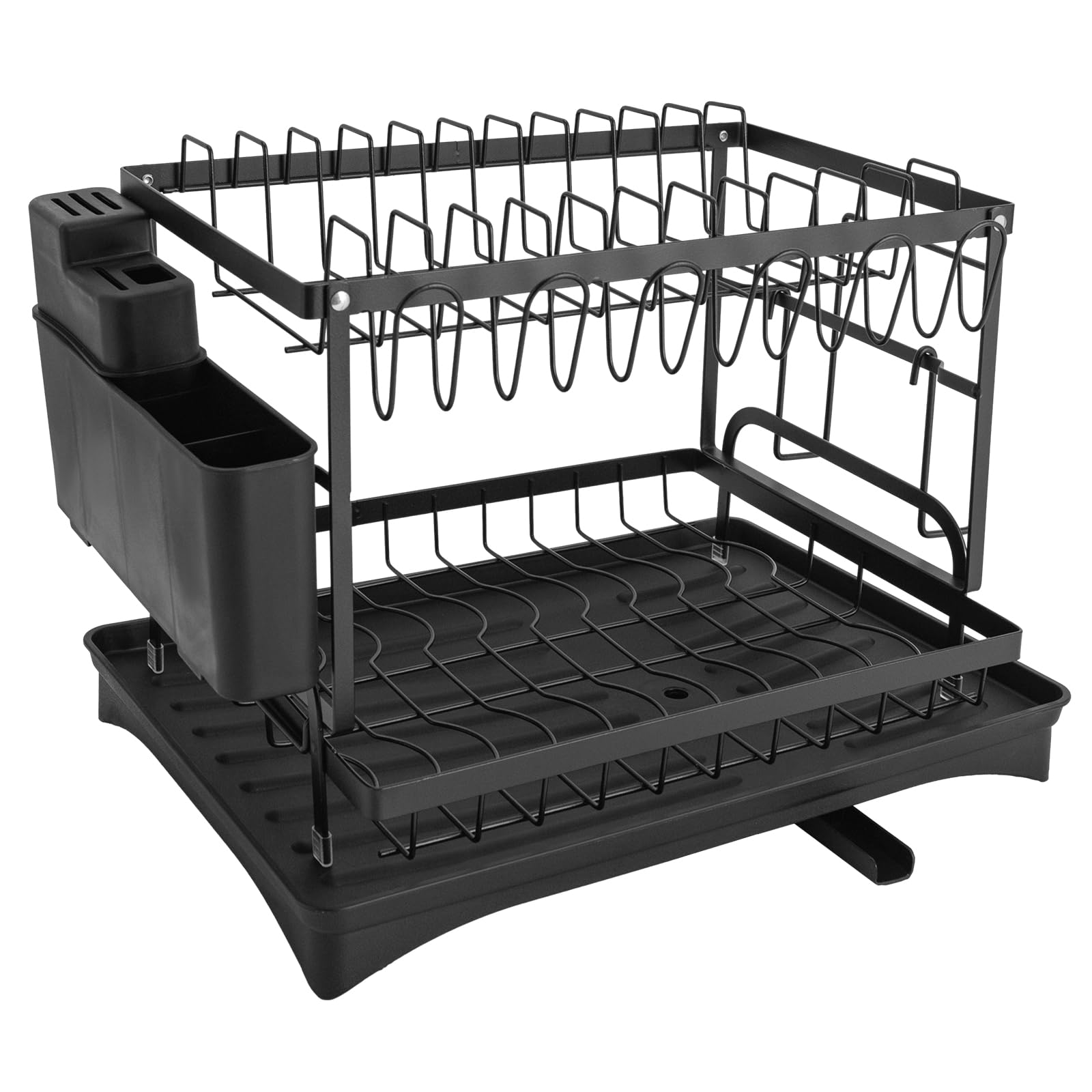 Escurreplatos de acero inoxidable, escurridor de platos, bandeja de goteo de 2 niveles, escurridor de platos para platos, tazas, tabla de cortar (negro)