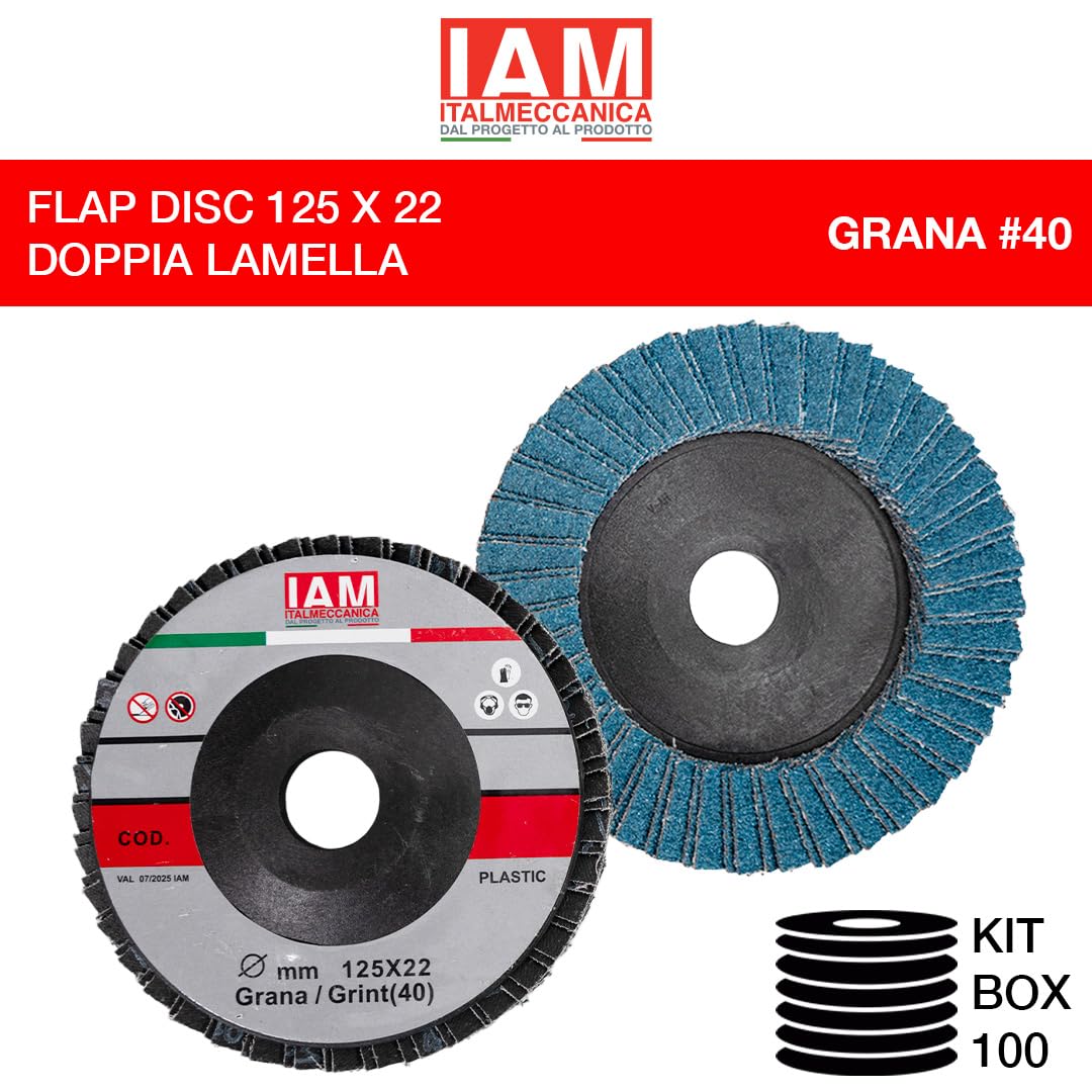 IAM Disco Lamellare Zirconio per Smerigliatrice 125x22mm Flap Disc Professionale Doppia Lamella con Supporto in Nylon Disco Abrasivo per Acciaio Inox e Metallo Alta Asportazione | Grana 40 | 100 pezzi
