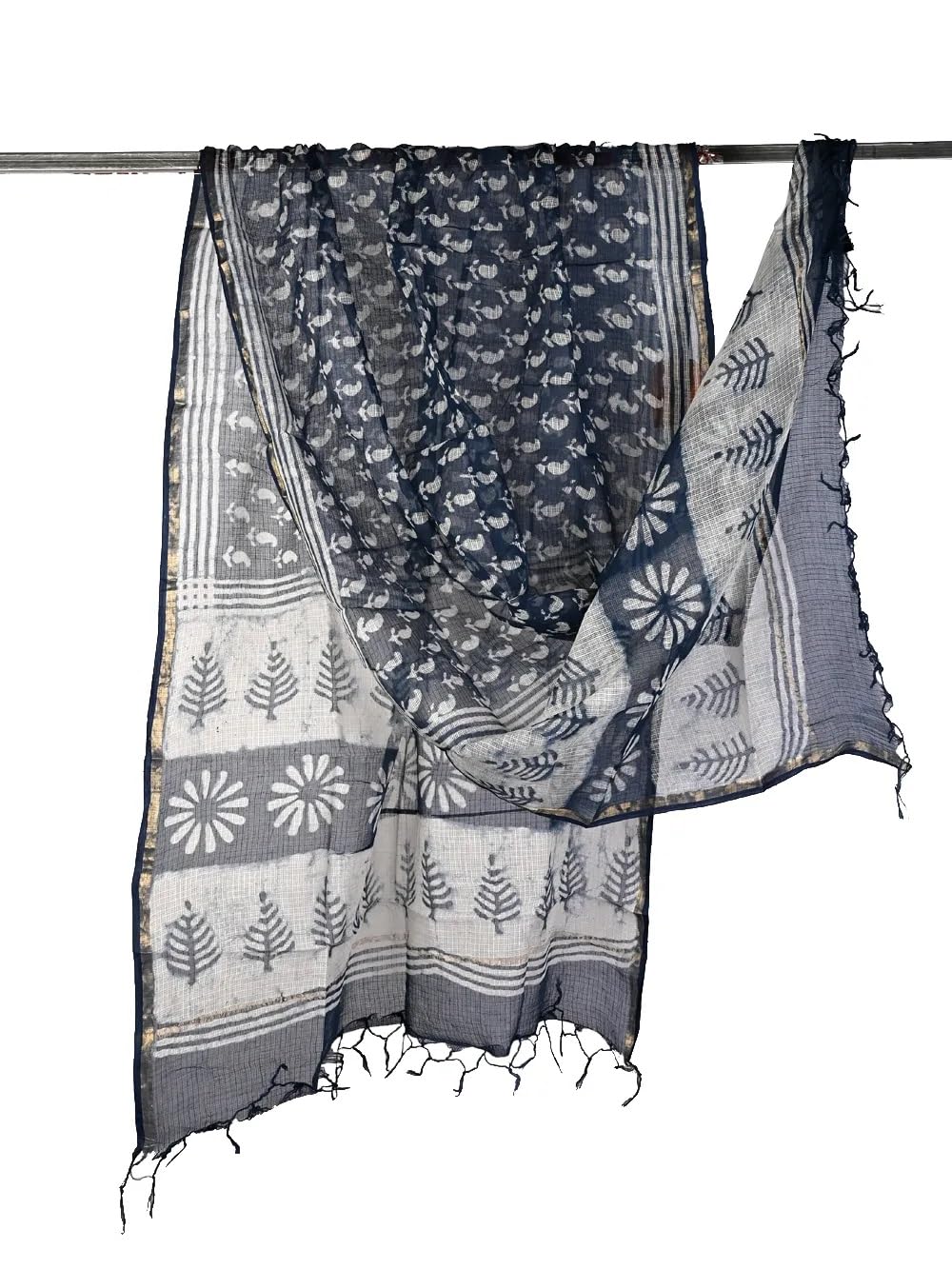 Desi WeaveOcean Indigo Kota Doria Block Print Dupatta 2.4 x 0.9 meter