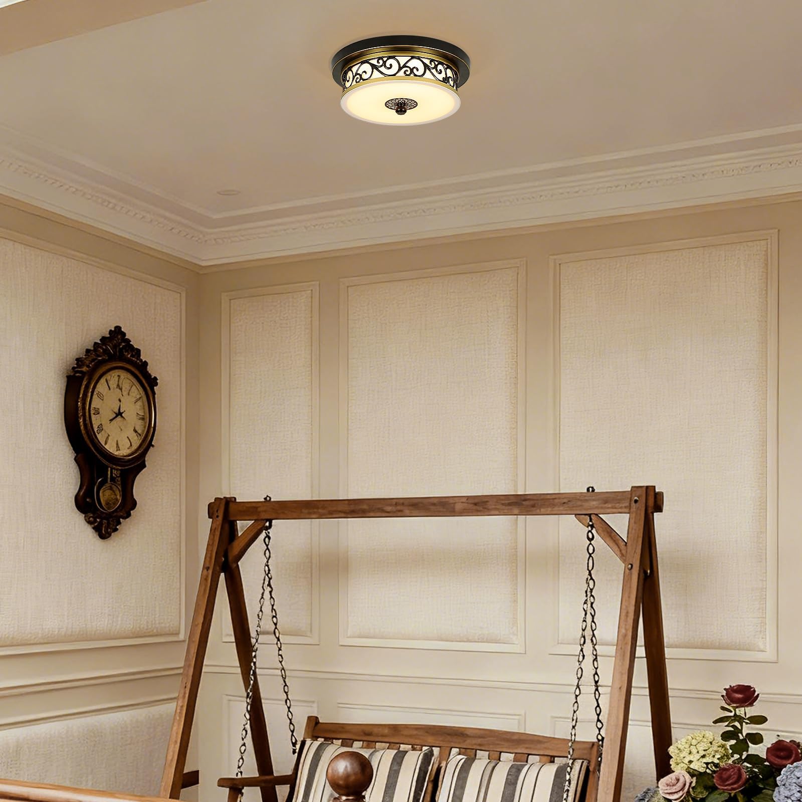 Plafoniera Soffitto Soggiorno Rotonda Vintage,Ø30*H10cm Plafoniera in Tessuto-Vetro,Nero Lampadario Soffitto Villa Piatta per Camera da Letto,Cucina e Sala da Pranzo,Luce Neutra 4500K.