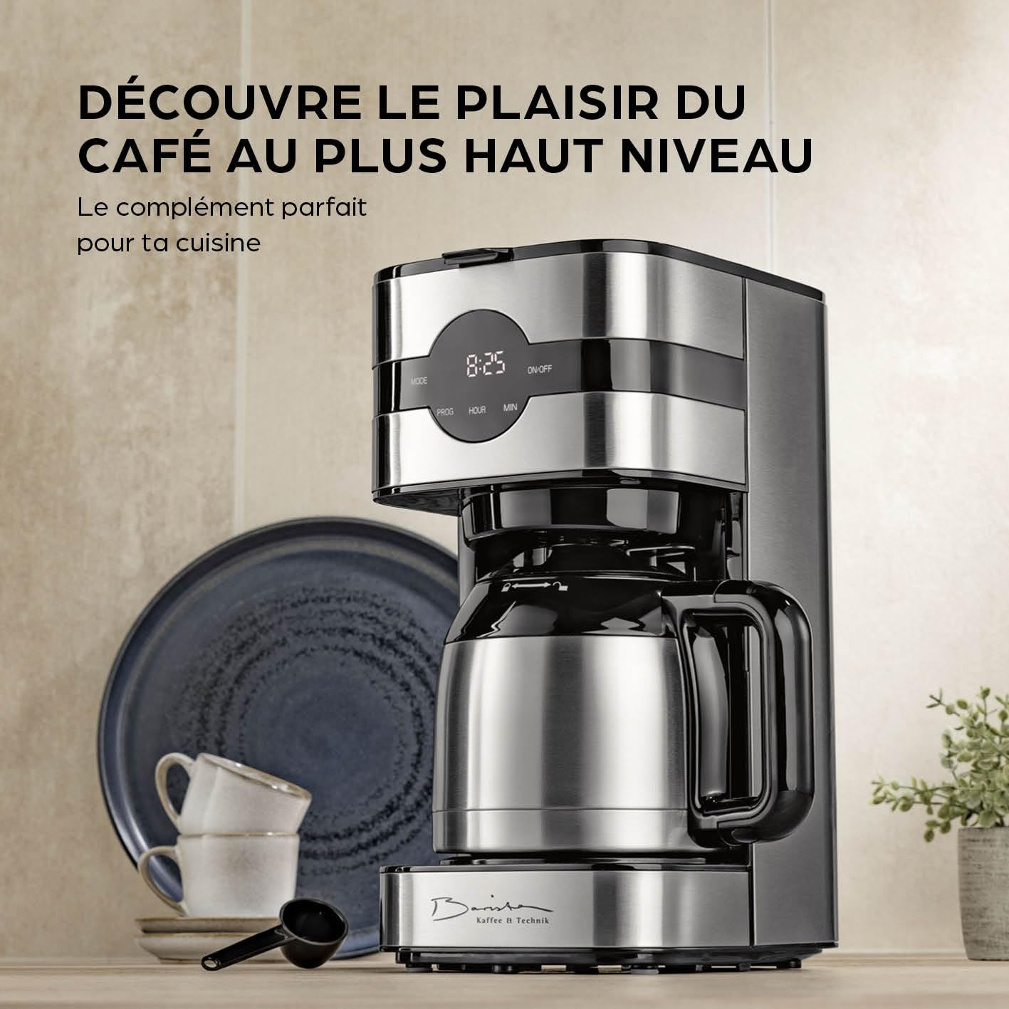 Barista Cafetière filtre avec thermos | Minuteur 24h & filtre permanent | Pour 8 tasses de café | Cafetière pour poudre [Acier inoxydable]