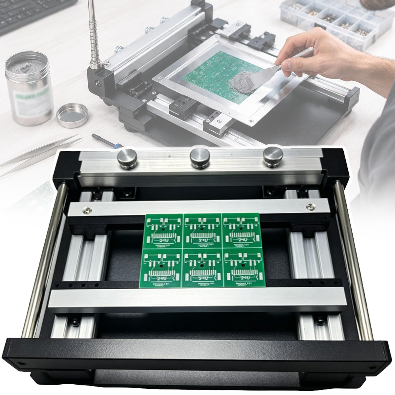 Troqullium Máquina de impresión de plantilla de PCB ajustable | Con construcción duradera de aleación de aluminio, for prototipos de placa de circuito y ensamblaje SMT(20cm)