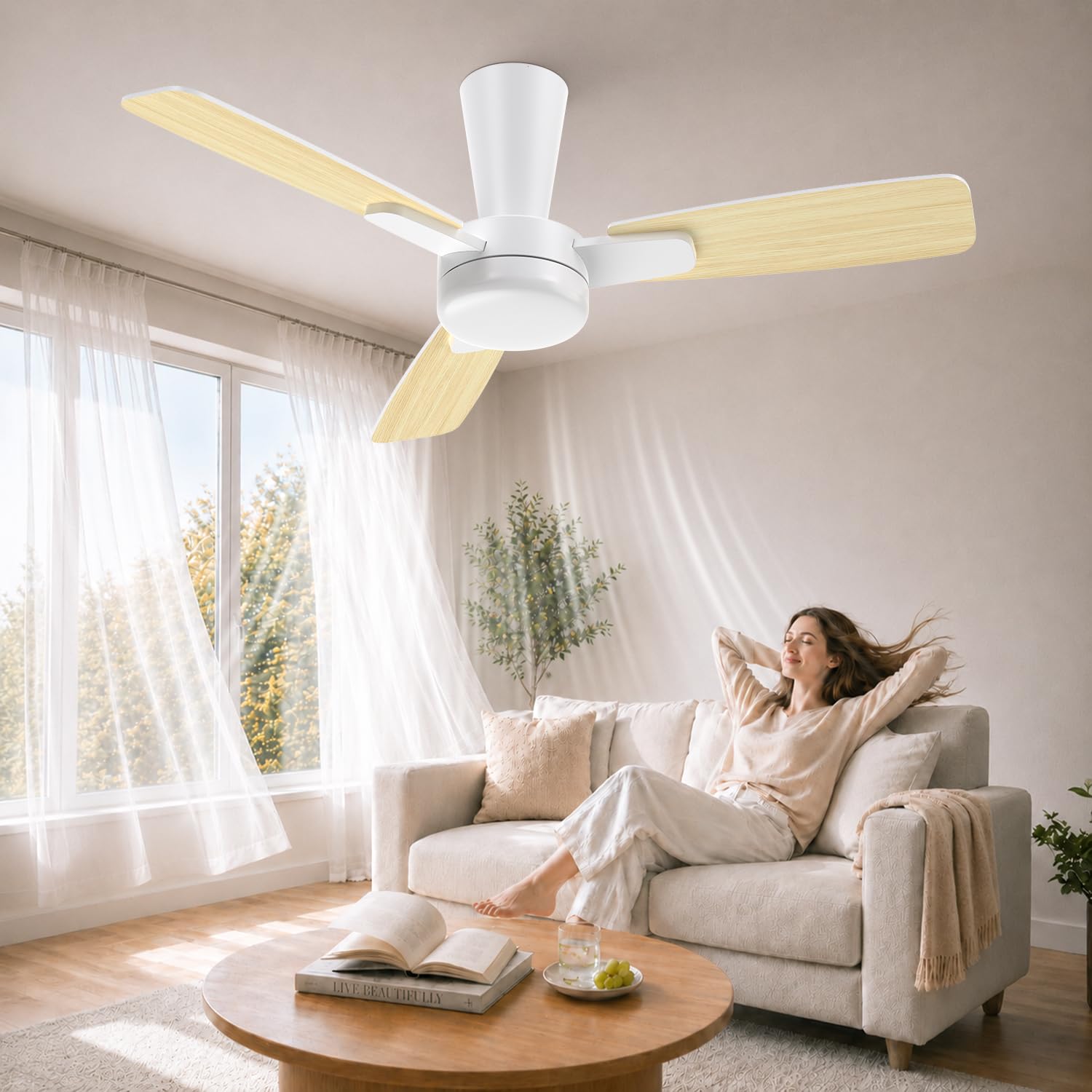 Deckenventilator mit Beleuchtung 106cm, Deckenventilator mit Licht und Fernbedienung, Leise Reversibel DC Motor, LED Dimmbar, 3 Snap-In-Flügel, Schlafzimmer Wohnzimmer, Gelbe Holzmaserung/Weiß