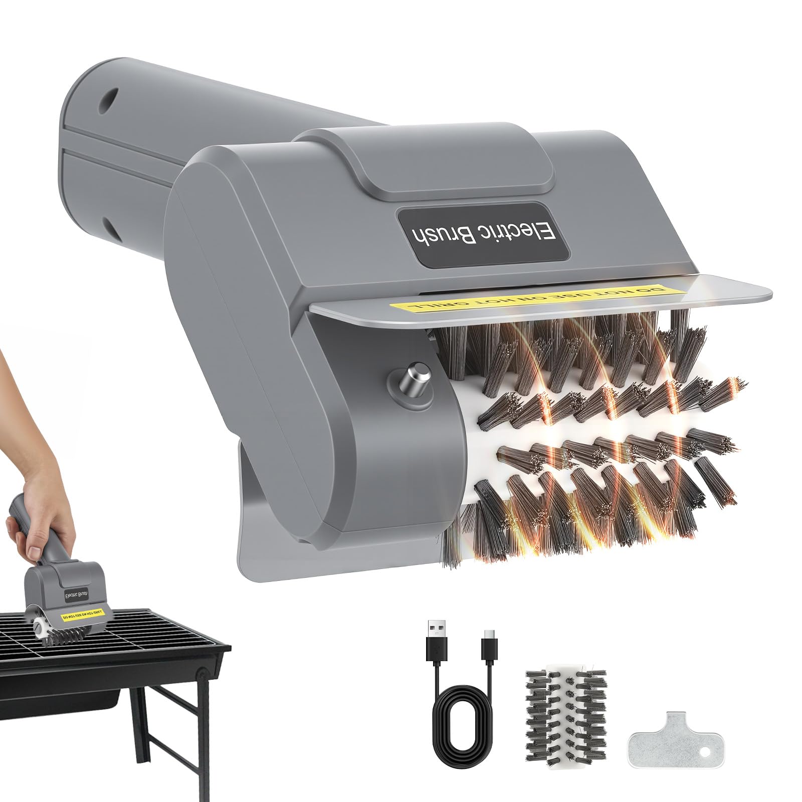 Brosse Électrique pour Barbecue, sans Fil, Rechargeable avec Tête, en Acier Inoxydable Amovible, 1 Tête de Rechange Incluse, Idéale pour Gril à Gaz, Charbon, Smoker, Électrique et Grille