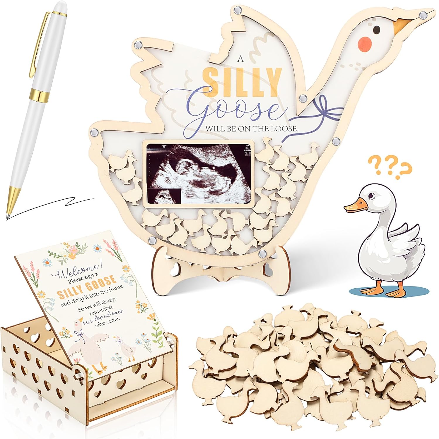 Chunful 64 Pcs Goose Baby Shower Guest Book Alternative a Silly Goose Will Be on the Loose Christmas Decorations for Boys Girls, Wooden Frame Guest Book with Stand, Pen, Box Baby Keepsake for Wedding