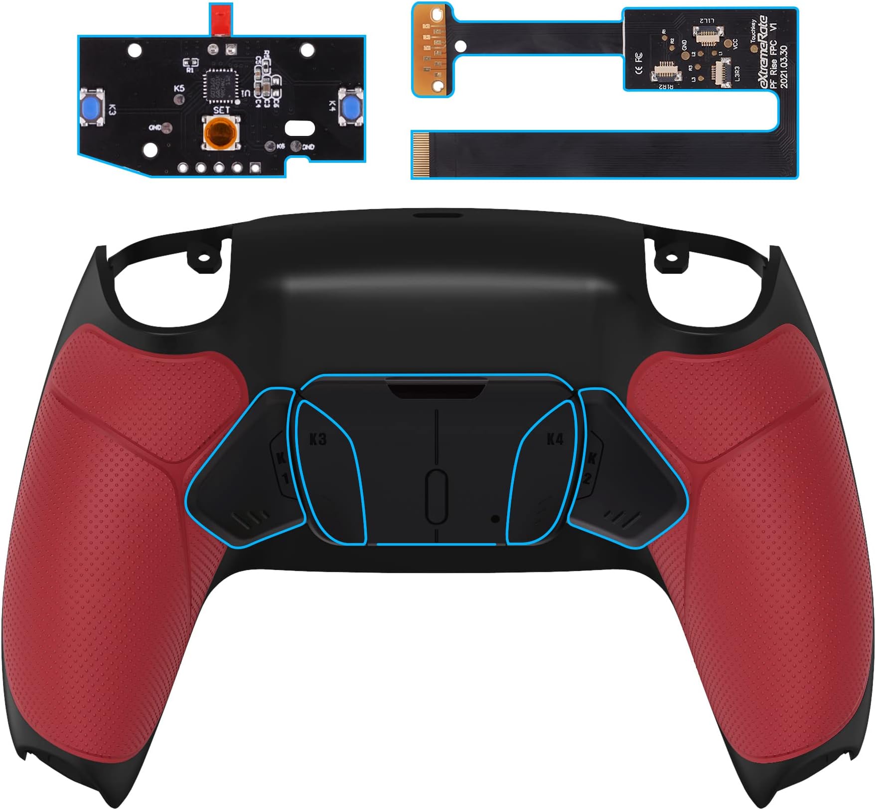 eXtremeRate Red Rubberized Grip Programable RISE4 Remap Kit for PS5 Controller BDM 010 & BDM 020, Upgrade Board & Redesigned Back Shell & 4 Back Buttons for PS5 Controller