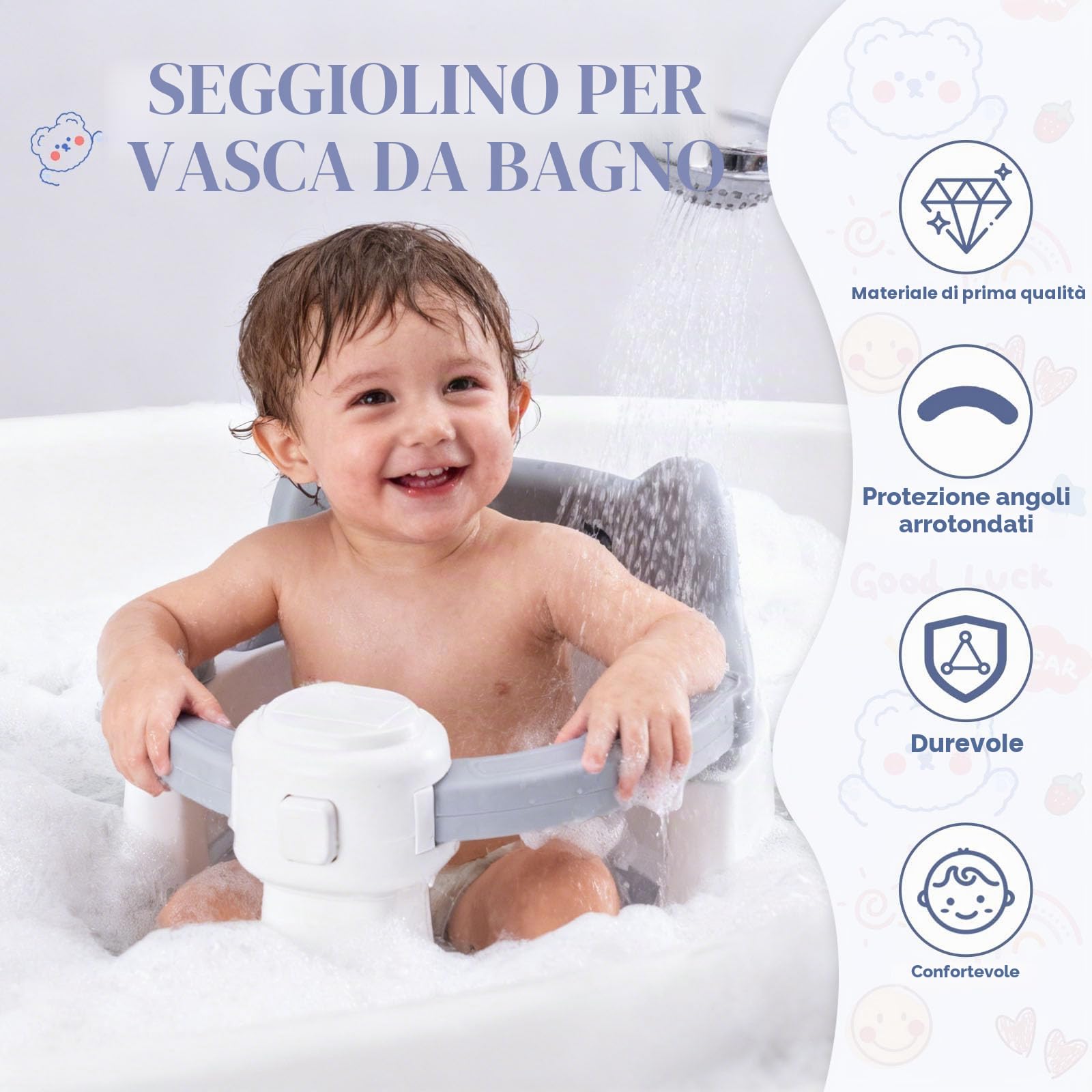 Seggiolini Per Bagnetto, Seggiolino Doccia Neonato, Seggiolino per Vasca da Bagno per Bambini a Partire da 6 Mesi, con 4 Potenti Ventose, per Doccia o Vasca