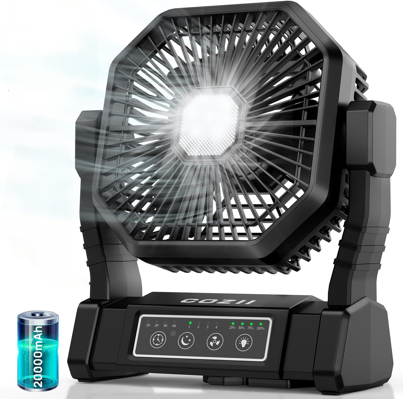 COZII 20000mAh Desk Fan Camping Fan, 4 Speeds Portable Fans Rechargeable with LED Light, Hanging Hook, Remote Control and Timer, Outdoor Tent Fans for Camping Travel Office (Black)