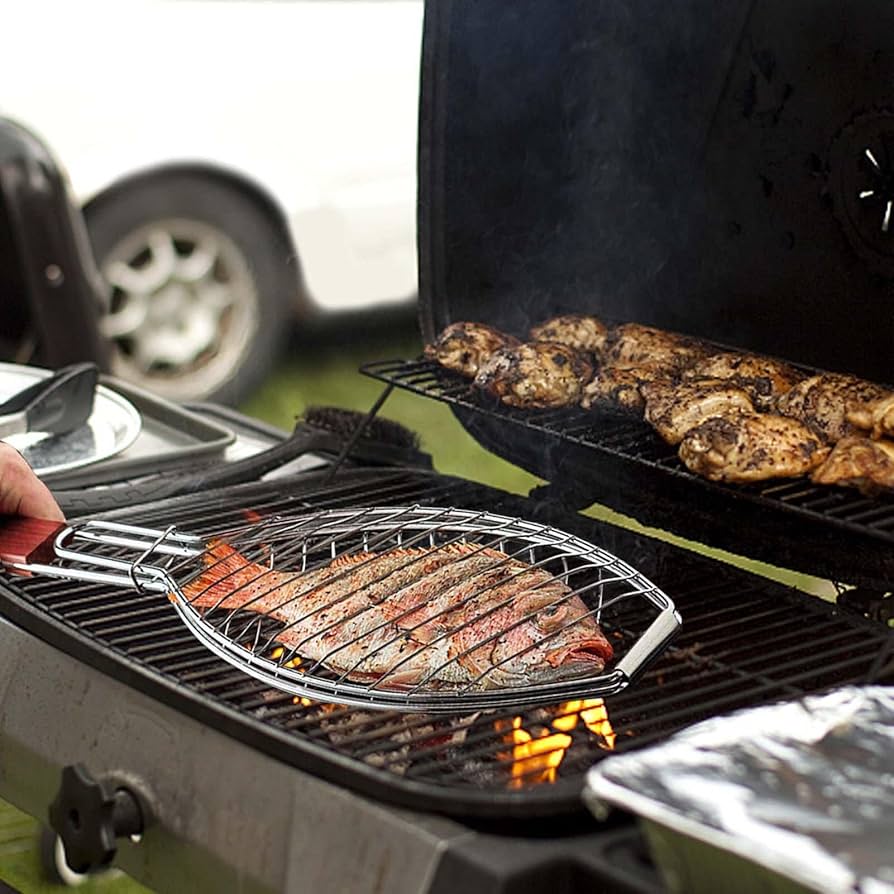 BBQ Grill Basket Stainless Steel Rolling Vegetable Grill Basket Removable Wooden Handle Round Bbq Cage Portable Bbq Accessories Outdoor Grill Sausage Meat Set Of 2