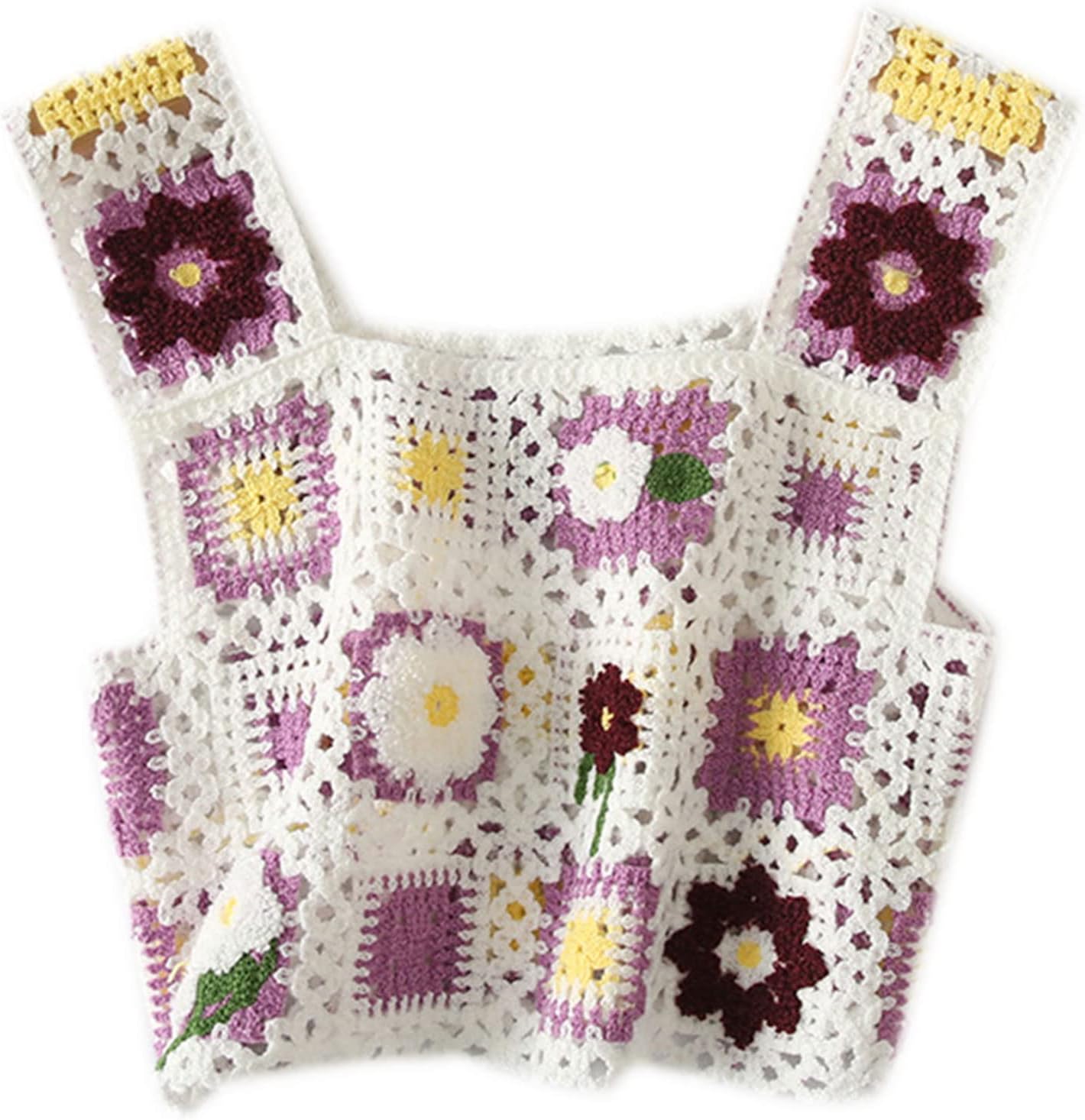 Charming Boho Cropped Top Women Knitted Vest Tops, Hollow-Out Floral Camisole Female Ladies Summer Beachwear