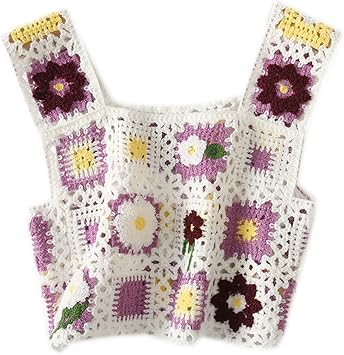 Lovely Women's Sleeveless Tops Colorful Camisole Hand Crochet Embroidery Openwork Knit for Tops Beac Purple
