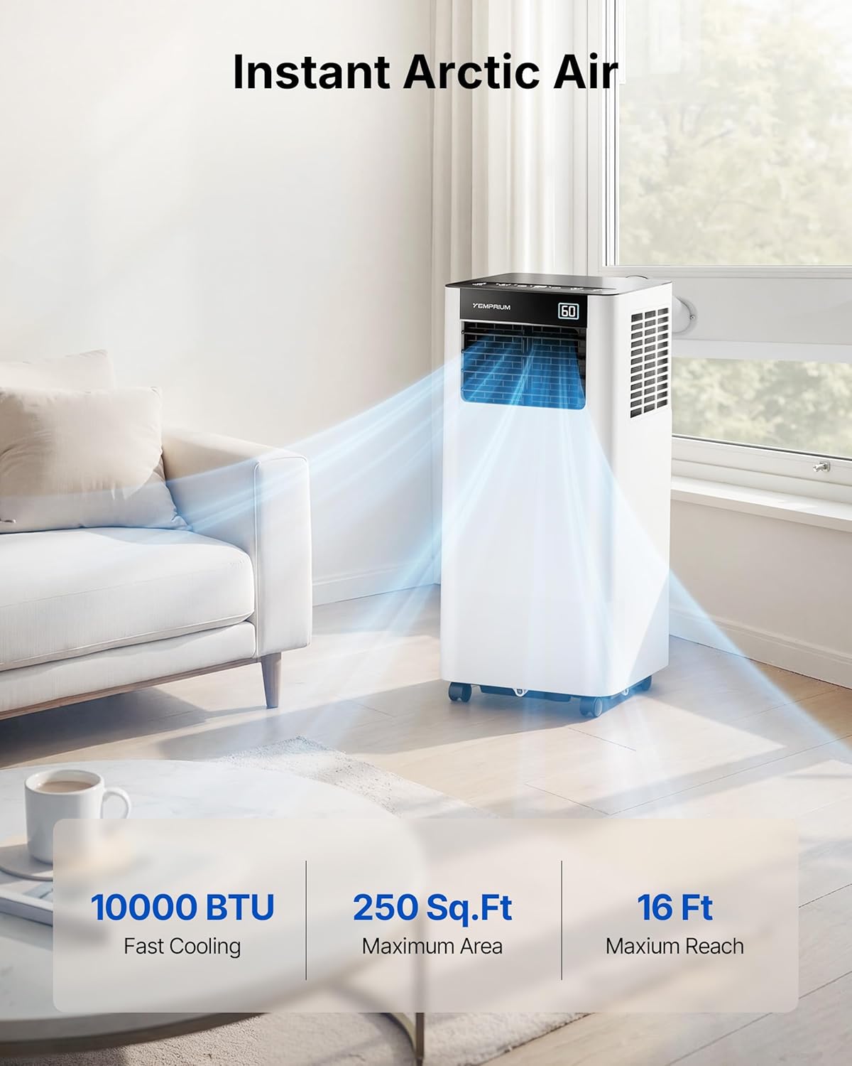 10,000 BTU Portable Air Conditioner, Smart Portable AC Unit for rooms with Drainage-Free Cooling, 3-in-1 Standing Air Conditioner with Cool, Dry, Fan Modes, APP/Voice/Remote Control