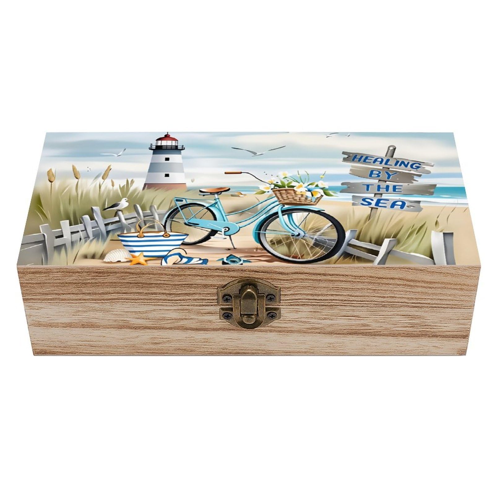 asbwuo Bicycle, Lighthouse, And Seaside Scenery Vintage Wooden Keepsake Box