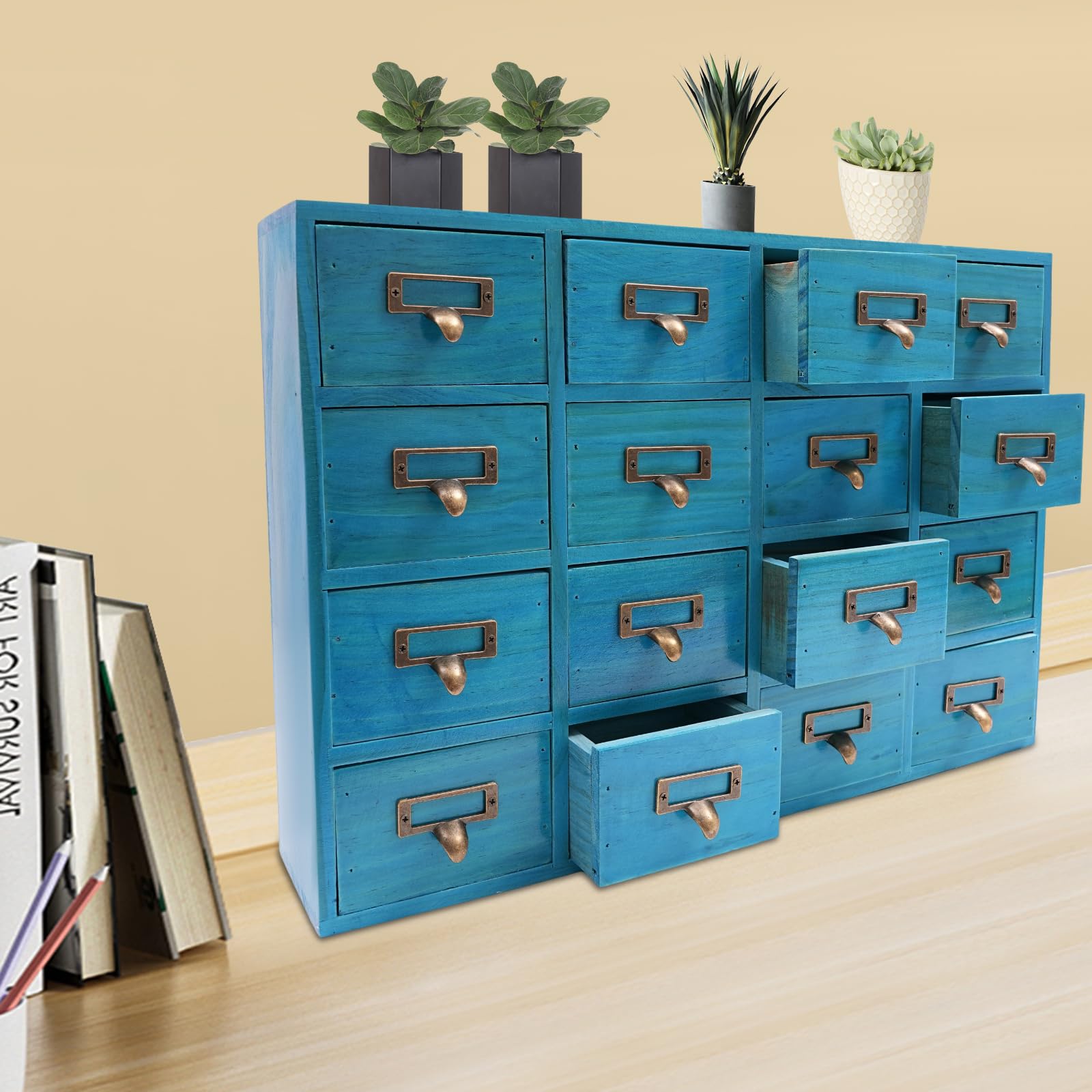 Armoire apothicaire avec tiroirs, 50,5 x 9,5 x 35 cm, 16 tiroirs d'apothicaire vintage pour la maison et le bureau, Boîte de rangement pour bijoux, armoire de rangement en bois pour bijoux, bleu