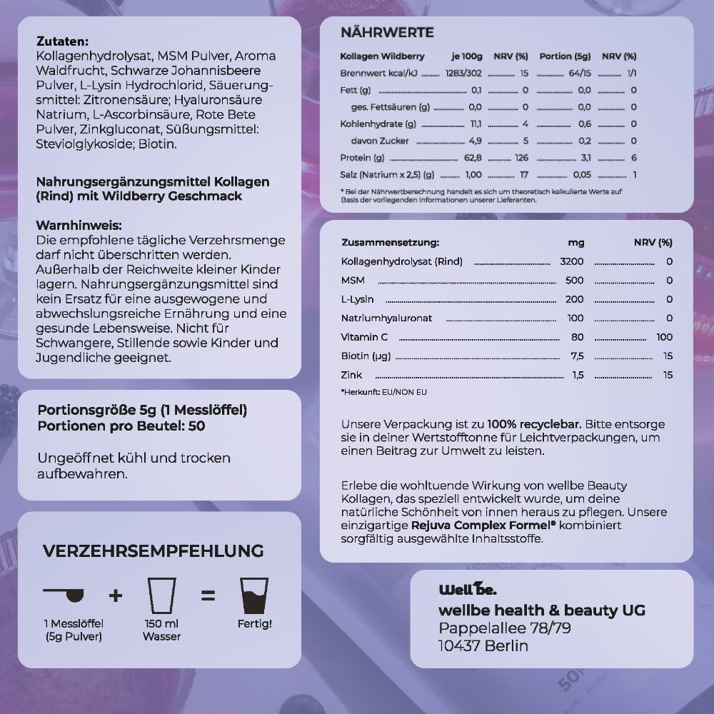 Wellbe Kollagen Pulver Wildberry - hochdosiert mit maximal bioaktivem Kollagen Hydrolysat, Biotin, Zink, Vitamin C & Hyaluron - Collagen Pulver - Kollagenpulver Peptide Made in Germany