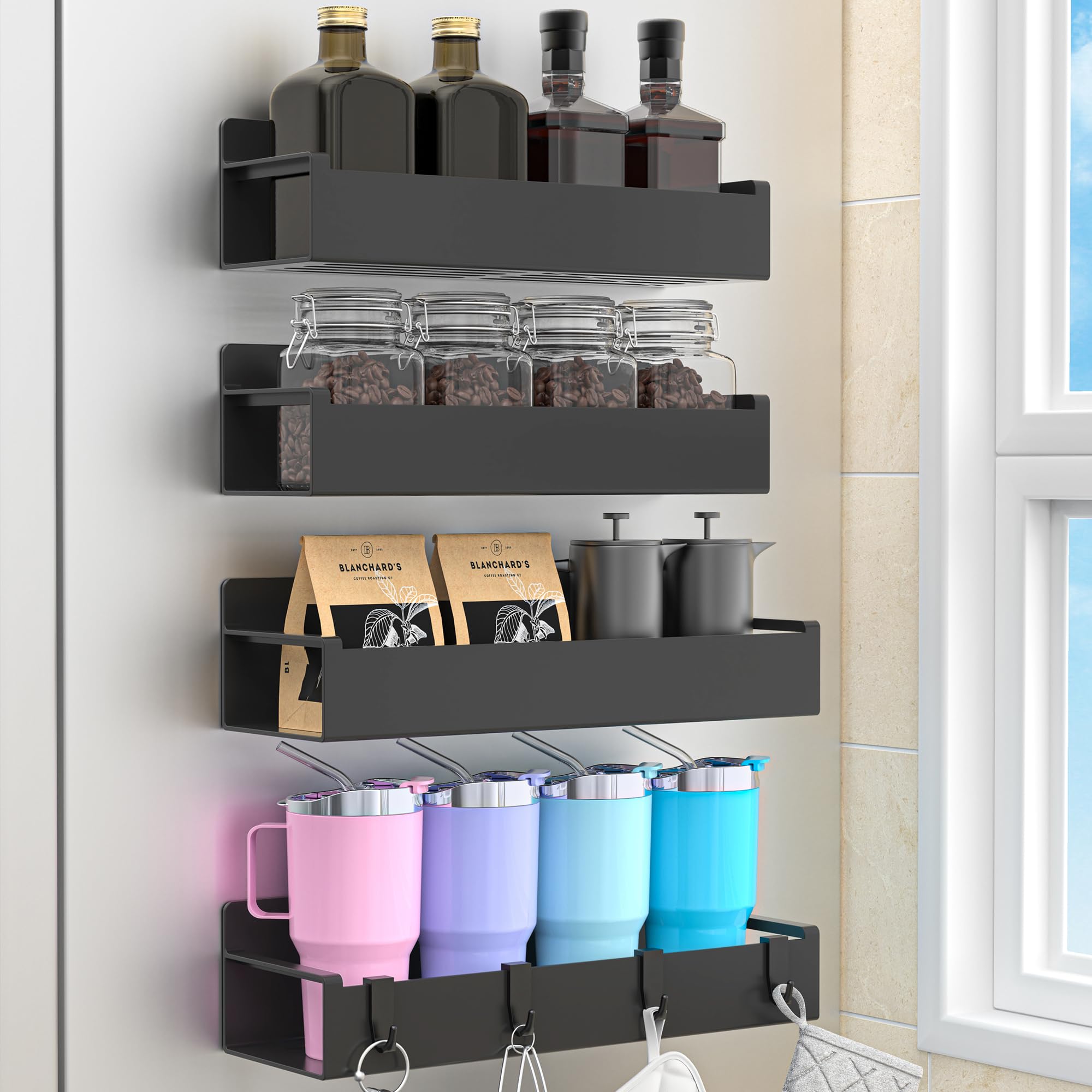 4 Pack Magnetic Spice Rack Organizer for Refrigerator and Oven, Black Fridge Organizers and Storage for Kitchen | Kitchen Magnetic Shelf for Fridge, Spice Organizer and Storage, Baby Bottle Holder for Fridge, Magnetic Tea Bag Organizer 4 Pack Black